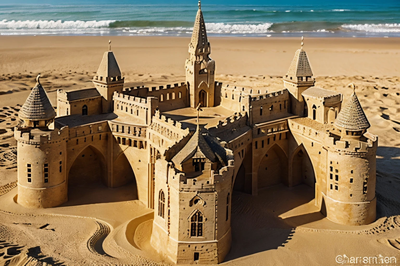 Glistening sandcastles shimmering under the midday sun, each grain of sand adding to the illusion of grandeur. The intricate structures stand proudly against the backdrop of the endless beach, their turrets and walls casting shadows in the golden light. This vivid painting showcases the meticulous craftsmanship of the artist, capturing the delicate details of the sandcastles in stunning clarity. Every stroke of the brush brings out the intricate patterns and textures, creating a mesmerizing image that transports viewers to a dream-like seaside paradise.