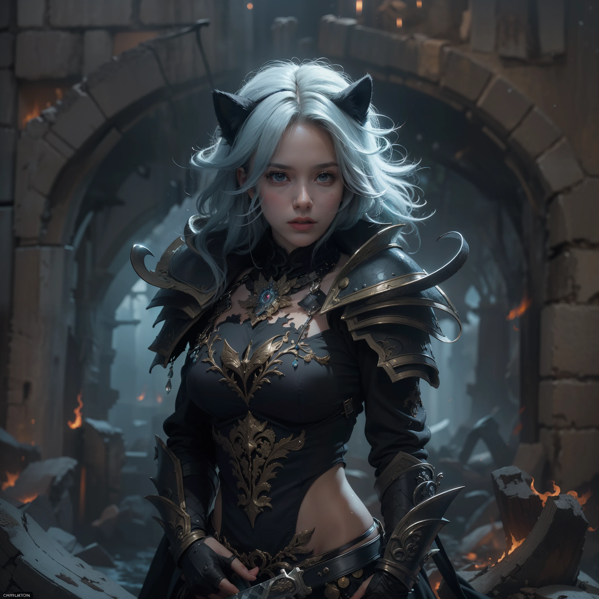 ((cat ears on head)),(Numerous award-winning masterpiece s, incredibly detailed, textured and maximally detailed), (hyper realistic:1.4), (realistic:1.3), (top quality real texture skin), (top quality real texture skin), (top quality real texture skin)(detailed true circle eyes), (detailed and beautiful face:1.6), ((medieval world)), (jet black knight), (delicately decorated dark black armor), (armor damaged but delicately decorated:1.5)Not wearing a helmet, (full length portrait:1.6), ((looking up)), ((looking down)), ((full length standing image:1.8)), (holding the hilt of an exquisitely decorated black long sword with a huge light:1.7), (dramatic pose), (gorgeous pose), (beautiful pose)beautiful blue hair, beautiful silver hair, beautiful blonde hair ,black web robe, spider on armor, strong warrior, agile warrior ((dramatic photo)), ((dynamic photo)), full length view, highly detailed, ultra-realistic, intricate details, painting (artwork), ((masterpiece, top quality)), ((cinematic light))((cinematic light)), hyper realistic, scary, dark fantasy , (masterpiece, top quality), (cinematic light), (art-station:1.5), cinematic, warm light, light effect, dramatic light, (complex detail:1.1), complex background, (greg latkowski:), (cinematic detail:1.2), (art station:0.8), (teal and orange:0.4), (swirling flames), (swirling lightning), (swirling ice and snow), old ruins with vegetation, ruins of old castle, in dungeon, ruins of ancient castle, abandoned mine, deserted ruin, crumbling ruin, transparent pondRuins with, twilight, sunset, dusk, rippling water , flowing water, battlefield, bioluminescence