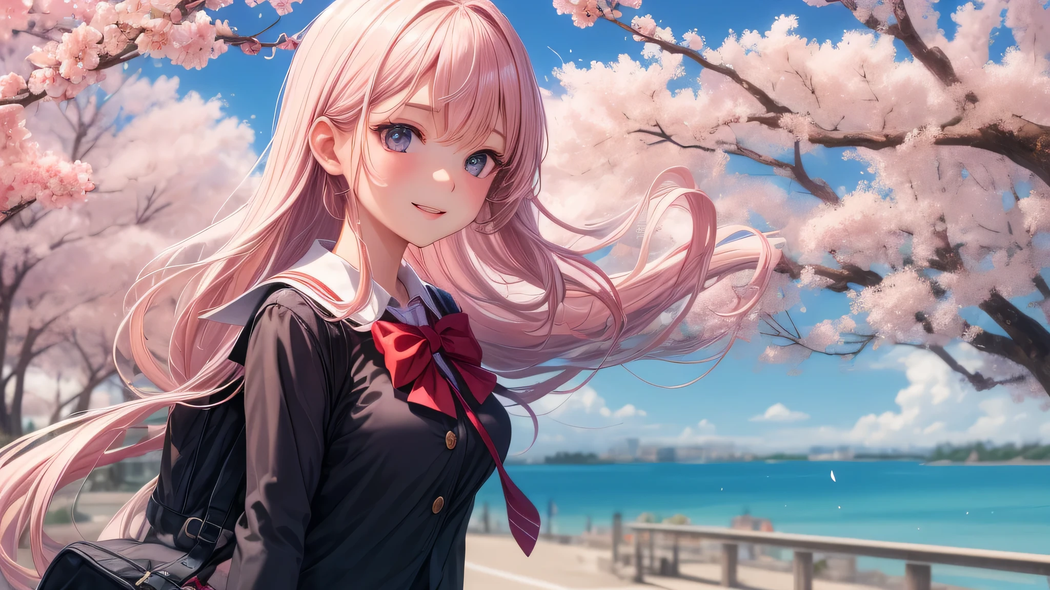 (1 girl), cute face, shining smile, (school uniform, mini skirt:1.2), (highest quality: 1.4), (Super detailed), (highest quality:1.4), (super detailed), (cherry blossomsのトンネル in full bloom, cherry blossomsのトンネル), road, Day光, cherry blossoms, cherry blossoms, Sunny, cloud, Day, blue sky, (anime illustration), very high resolution, (Upper body), (close up face)