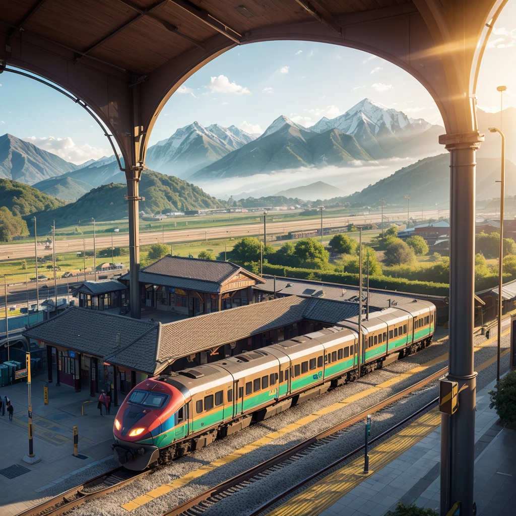 train station scene，A train stops quietly on the tracks，Surrounded by tranquil fields and distant mountains。Warm colors in the picture，The sun shines through the clouds on the train and the platform，It creates a peaceful and comfortable atmosphere。Please emphasize the details and texture of the train in the picture，And the architectural style and feel of the train station。No one appears，Let the picture pay more attention to the expression of nature and environment。，3D rendering miniature scene design，miniature diorama，Transparent material，Pipe conveying materials，rich and colorful，futuristic，Graphic design inspiration illustration，emerging rendering，mixer，Unreal Engine，HDR, HD，best quality