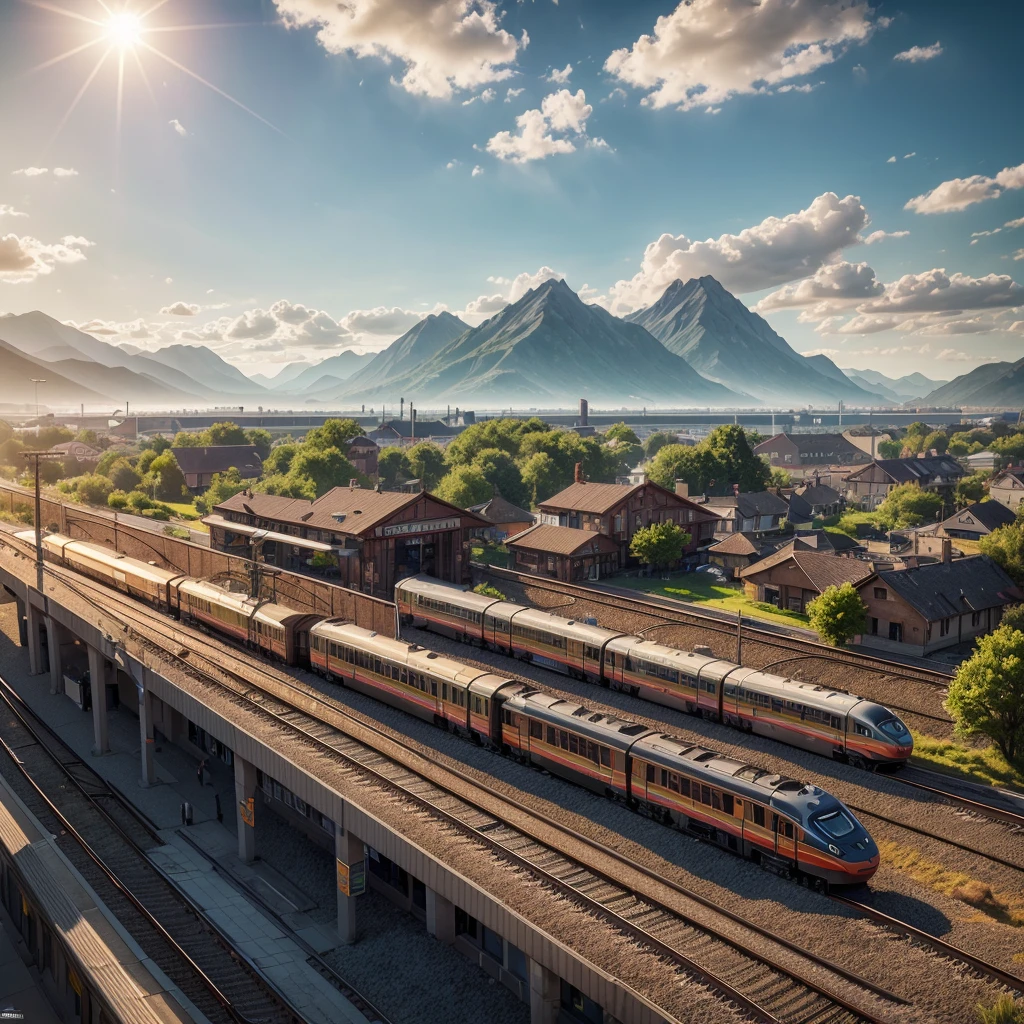 (train station scene:1.5),A train stops quietly on the tracks,Surrounded by tranquil fields and distant mountains。Warm colors in the picture,The sun shines through the clouds on the train and the platform,It creates a peaceful and comfortable atmosphere。Highlight the details and texture of the train,And the architectural style and feel of the train station。No one appears,Let the picture pay more attention to the expression of nature and environment,3D rendering miniature scene design,miniature diorama,Transparent material,Pipe conveying materials,rich and colorful,futuristic,Graphic design inspiration illustration,emerging rendering,mixer,Unreal Engine,HDR, HD,best quality