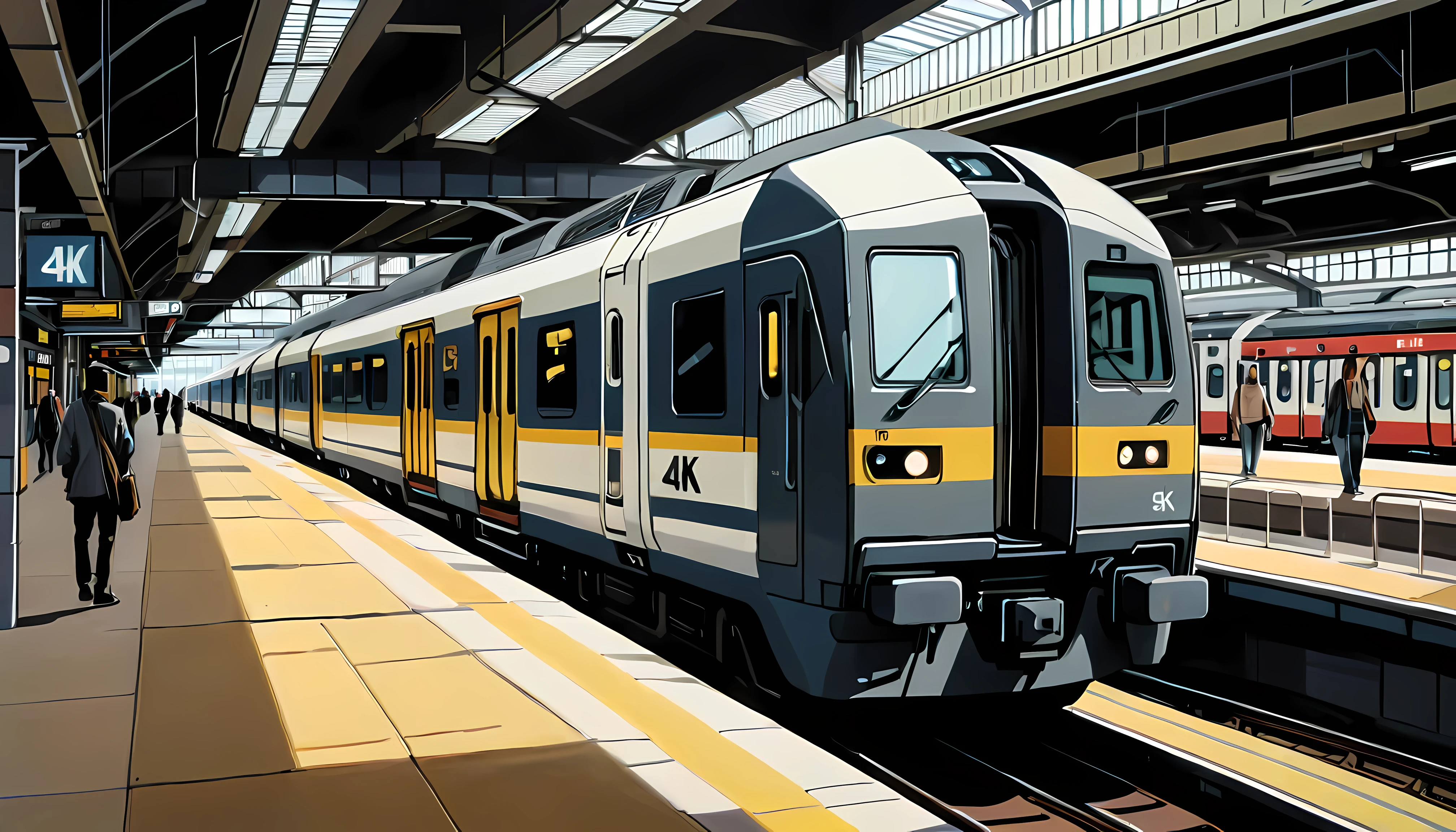 Outline with black ink, smooth lines, Express expressions and postures through ink contrast, The background is A Modern Train Station. Emphasize light, shadow and space. Drawing of Train Platform, fine art piece, figurative art, architecture painting, Wallop | (best quality, 4K, 8k, high resolution,masterpiece:1.2), Super detailed,(actual, photoactual, photo-actual:1.37).