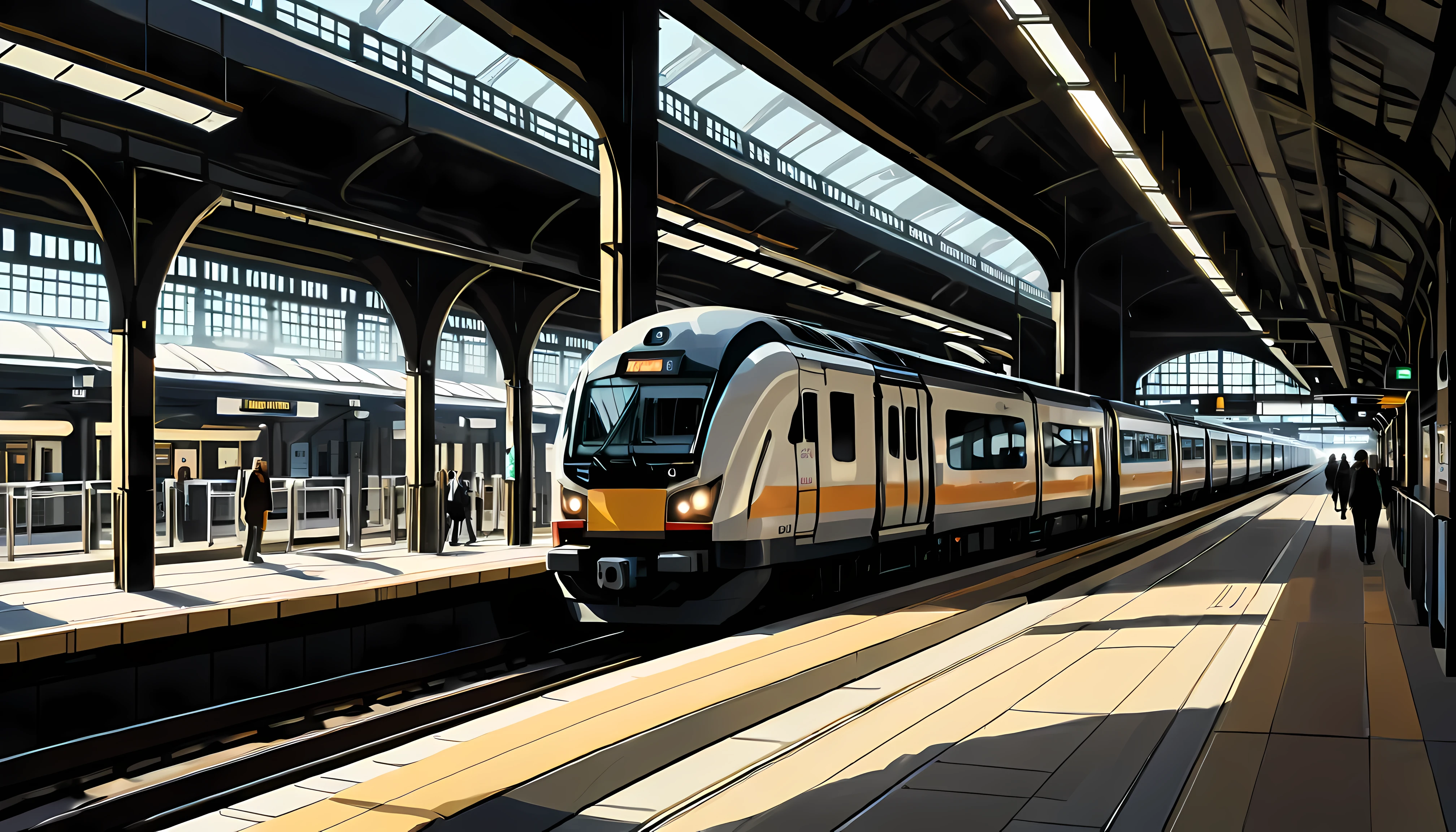 Outline with black ink, smooth lines, Express expressions and postures through ink contrast, The background is A Modern Train Station. Emphasize light, shadow and space. Drawing of Train Platform, fine art piece, figurative art, architecture painting, Wallop | (best quality, 4K, 8k, high resolution,masterpiece:1.2), Super detailed,(actual, photoactual, photo-actual:1.37).