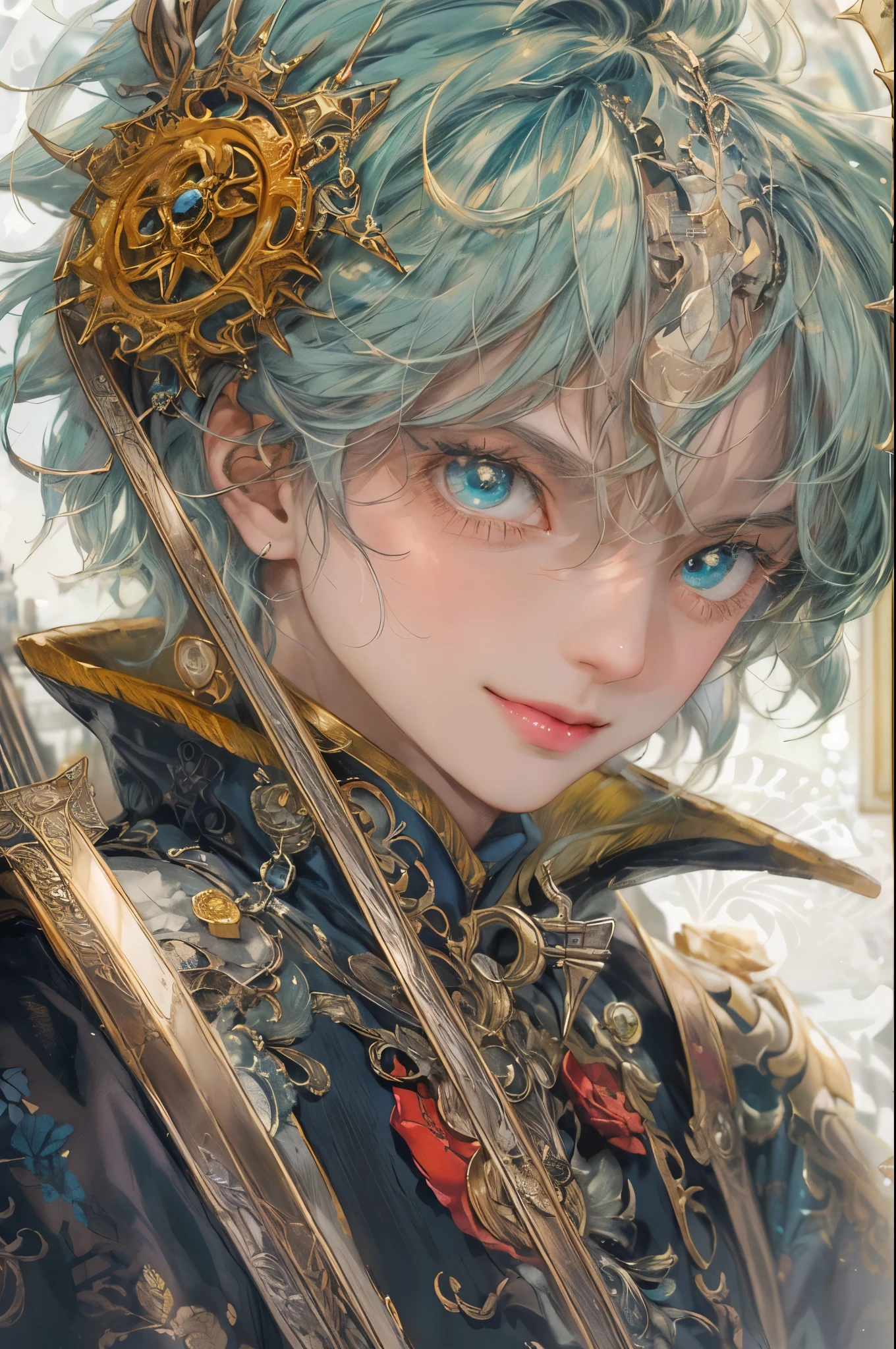 (((absurdres, highres, ultra detailed, perfect face), 1 boy , front view, young boy, handsome boy villain character from magic knight reyearth, short hair, anime eyes, mage clothes with colorful details, eyes on the viewer, add red details to picture and smirk, dimples, extremely detailed CG unity 8k wallpaper, add blue details on side, intricate details and add yellow details on left, bit of rose ornaments, witch castle background, detailed houses town scenery window, tim Burton style theme