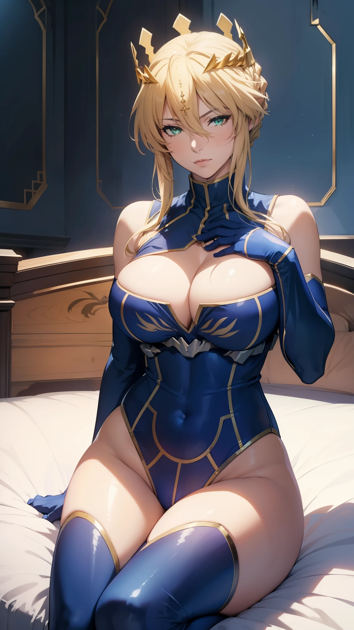 (best quality, highres), portrait, artoria pendragon lancer, artoriaLancer, braid, adult woman, green eyes, crown, turtleneck, cleavage cutout, sleeveless, blue leotard, gauntlets, sit on bed, chamber room