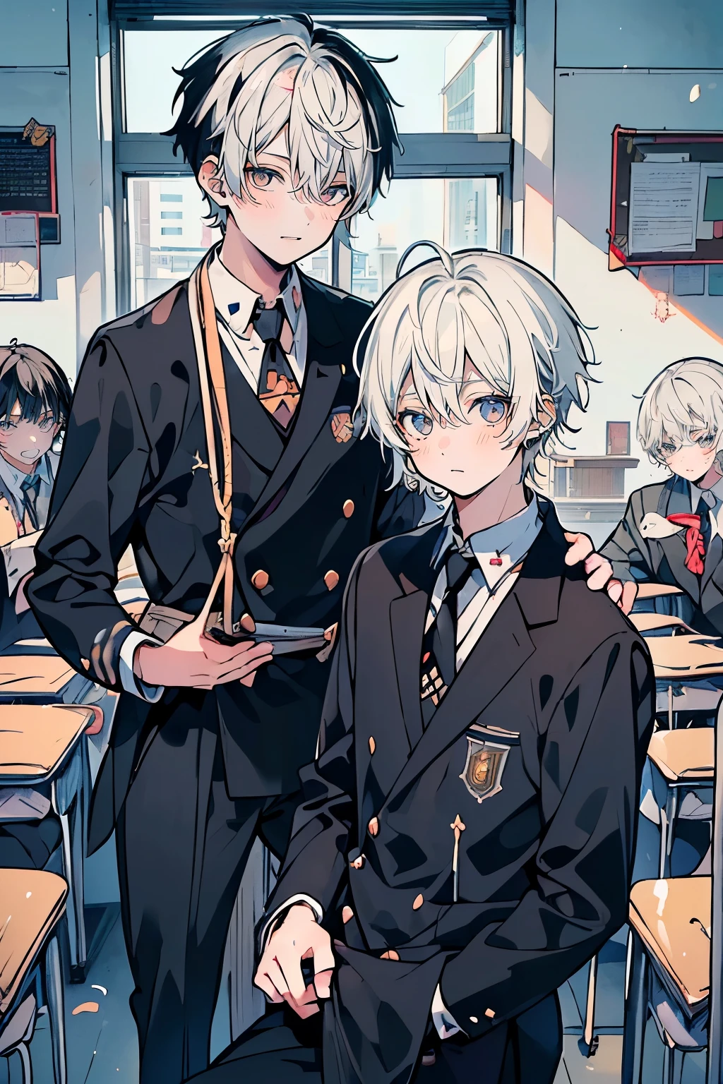 (muste piece), (best quality), very detailed, (((Two friendly high school boys:1.5))), perfect face, beautiful face, very detailed face,(white haired man:1.3),(black haired man:1.3),School,classroom,student uniform,tie,shirt