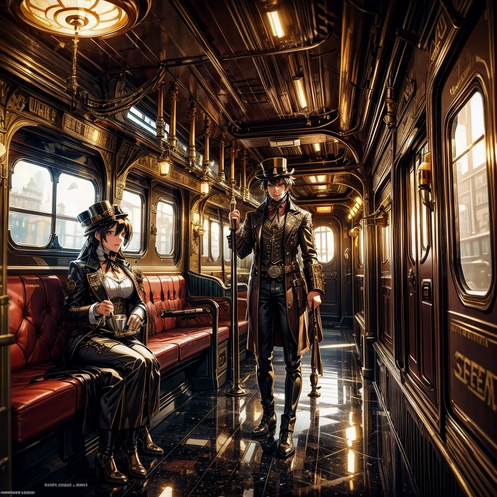 (steam punk), a luxurious Train Station, spotlessly clean, several steam punk entertainment gadgets are present
