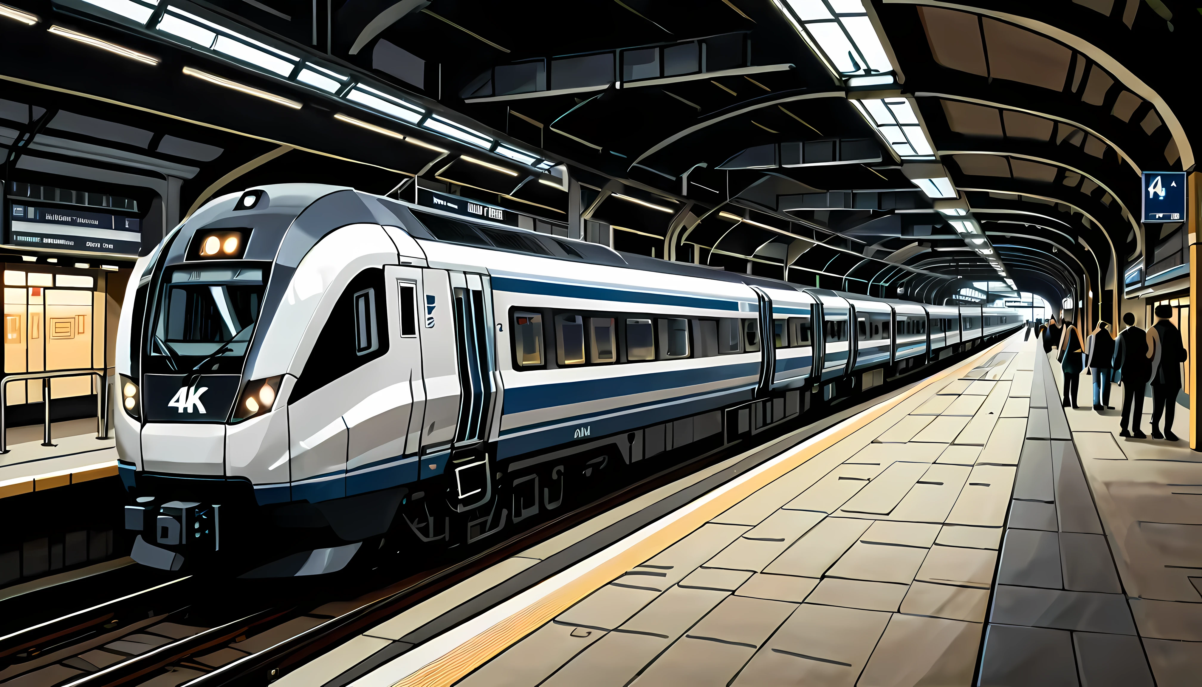 Outline with black ink, smooth lines, Express expressions and postures through ink contrast, The background is A Modern Train Station. Emphasize light, shadow and space. Drawing of Train Platform, fine art piece, figurative art, architecture painting, Wallop | (best quality, 4K, 8k, high resolution,masterpiece:1.2), Super detailed,(actual, photoactual, photo-actual:1.37).