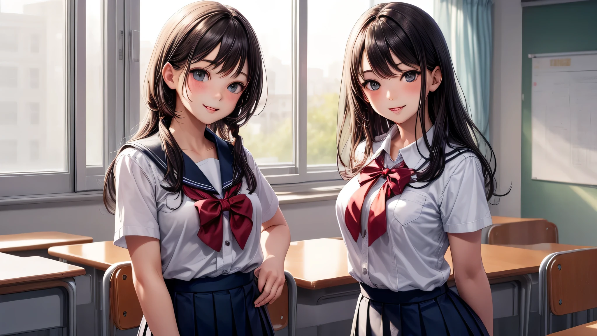 (2 girls), very cute face, wonderful face and eyes, Smile, (highly detailed eyes, highly detailed face), Fresh, (highest quality:1.4), (high School uniform, pleated mini skirt:1.2), smile a little, (look at me), School, classroom,