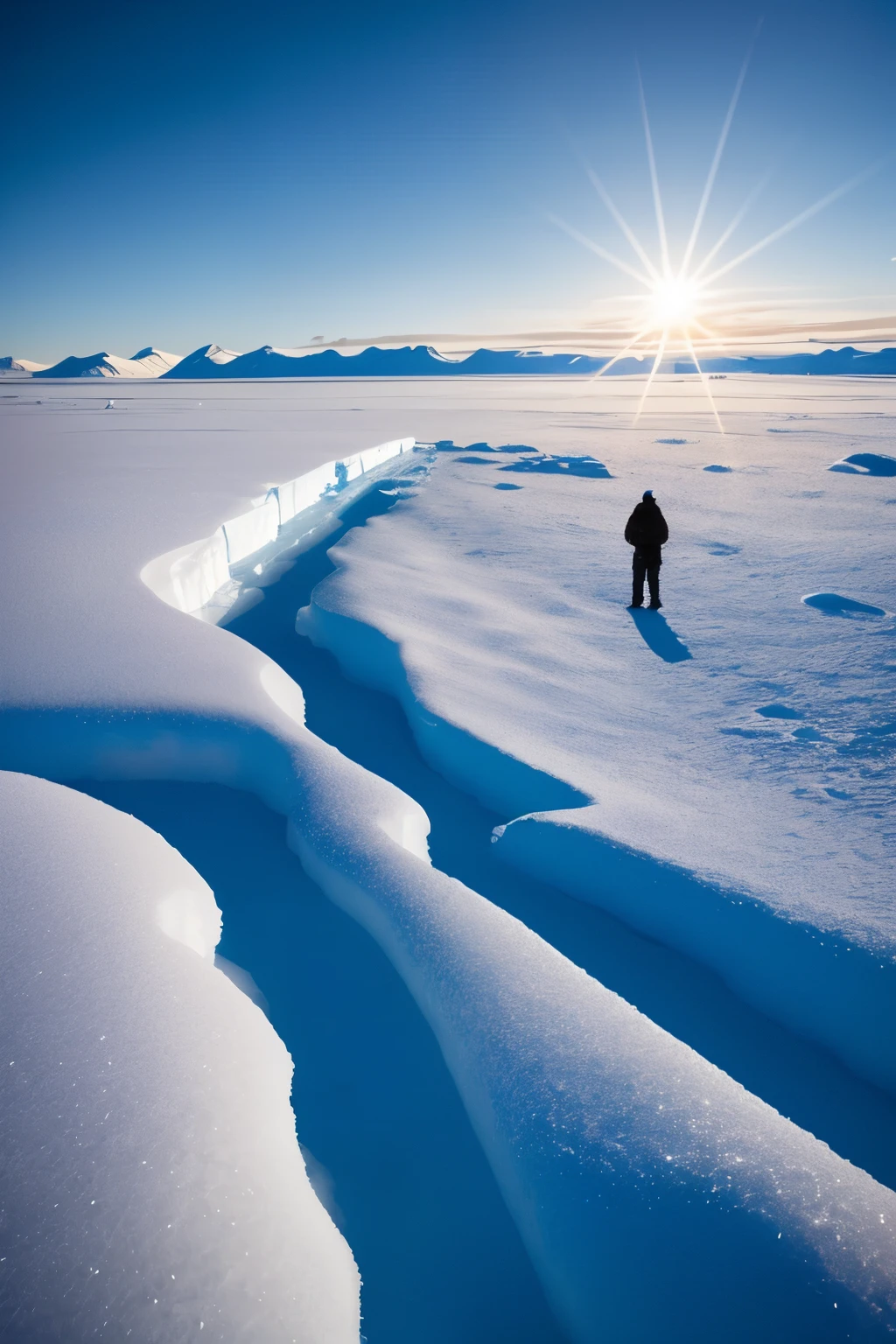 Amidst the desolate and icy expanse of the Arctic landscape, a lone figure is stranded. The whiteness of the snow and ice is broken only by the deep, cobalt blue of the surrounding water. The air is still and cold, carrying the crispness of winter. An icy wind howls through the barren landscape, creating a haunting melody that resonates across the frozen wasteland. The sun clings stubbornly to the horizon, casting an ethereal glow over the scene. The man, bundled up against the bitter cold, gazes out at the vast emptiness before him. His breath fogs in the air as he wonders how long he