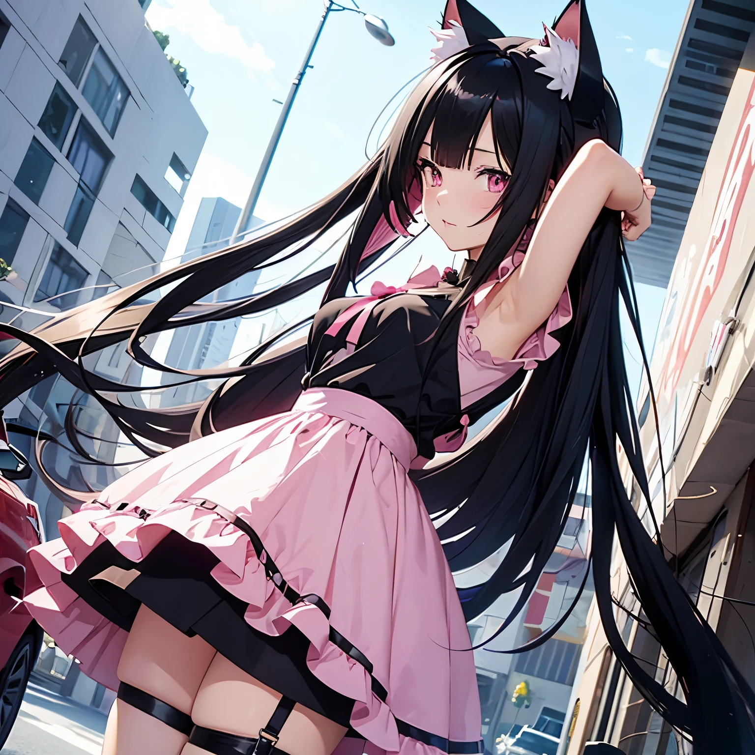 Anime girl, long black hair, pink eyes, cat ears, cat tail