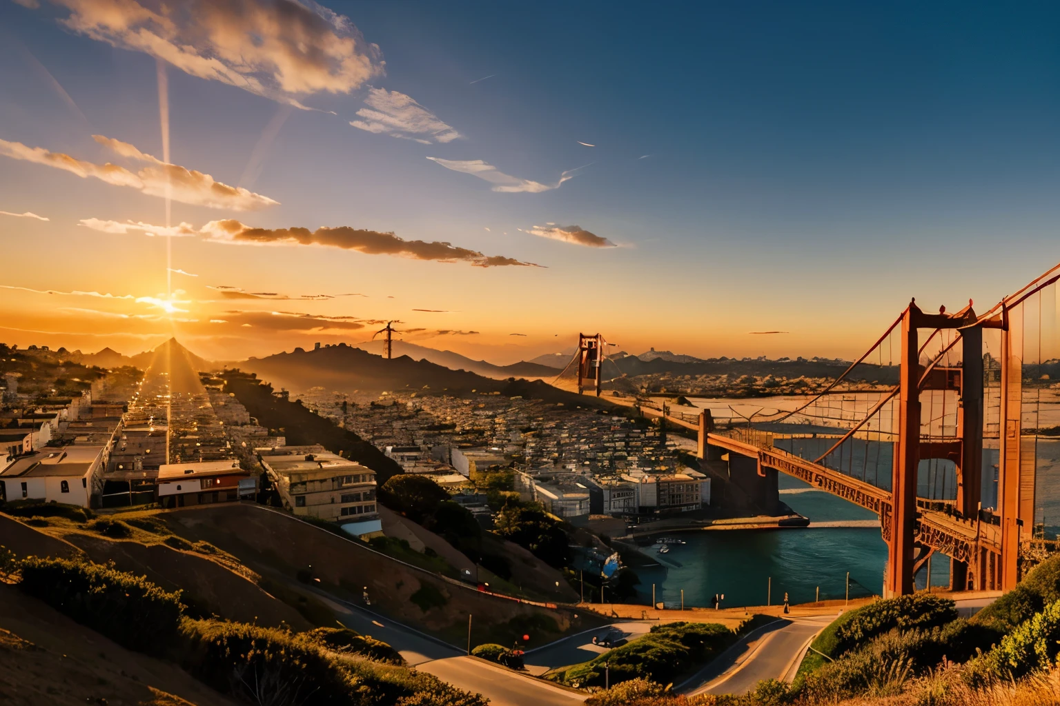 Sunset over San Francisco: The Golden Gate Bridge with the sun setting behind it creates a mesmerizing view.