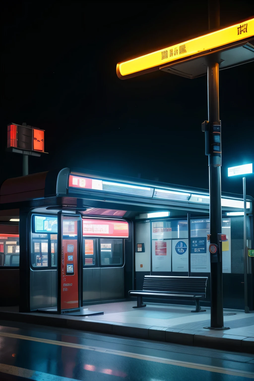 there is a bus stop with a bench and a street light, dark city bus stop, Surrounding LED lights, cyberpunk bus stop, metro station, bus station, bus stop, soviet bus stop, monorail station, illumination, lined with neon tubes, Illuminated street signs