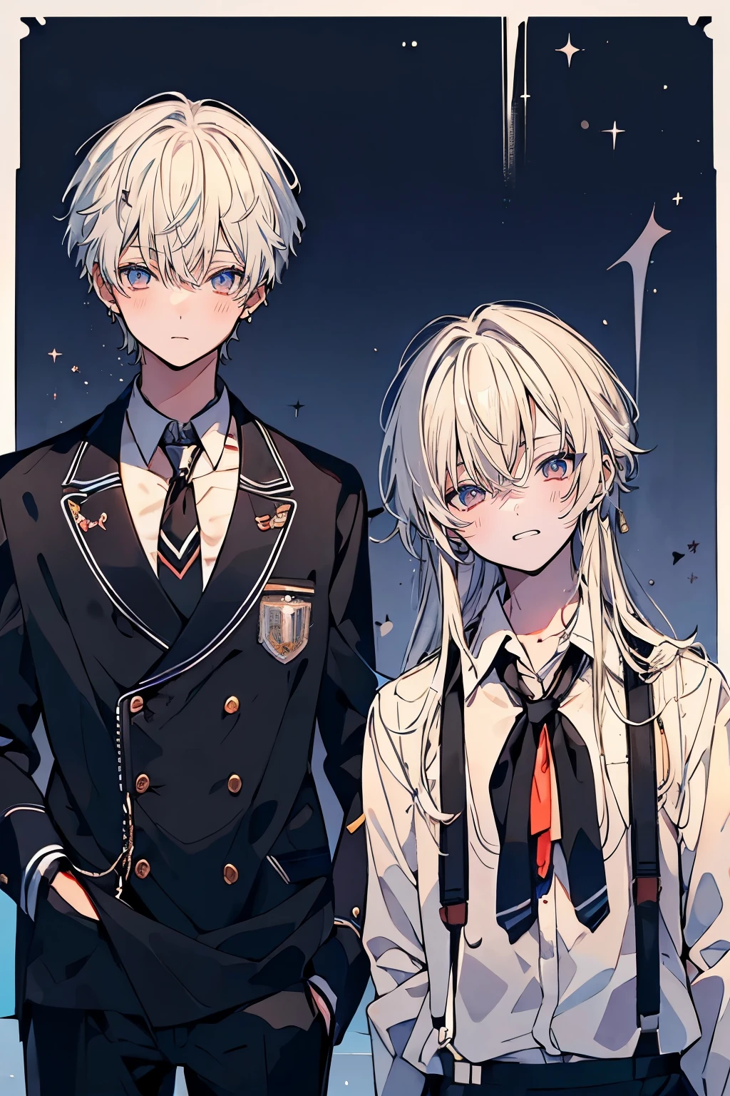 (muste piece), (best quality), very detailed, (((Two friendly high school boys:1.5))), perfect face, beautiful face, very detailed face,(white haired man:1.3),(black haired man:1.3),School,classroom,student uniform,tie,shirt