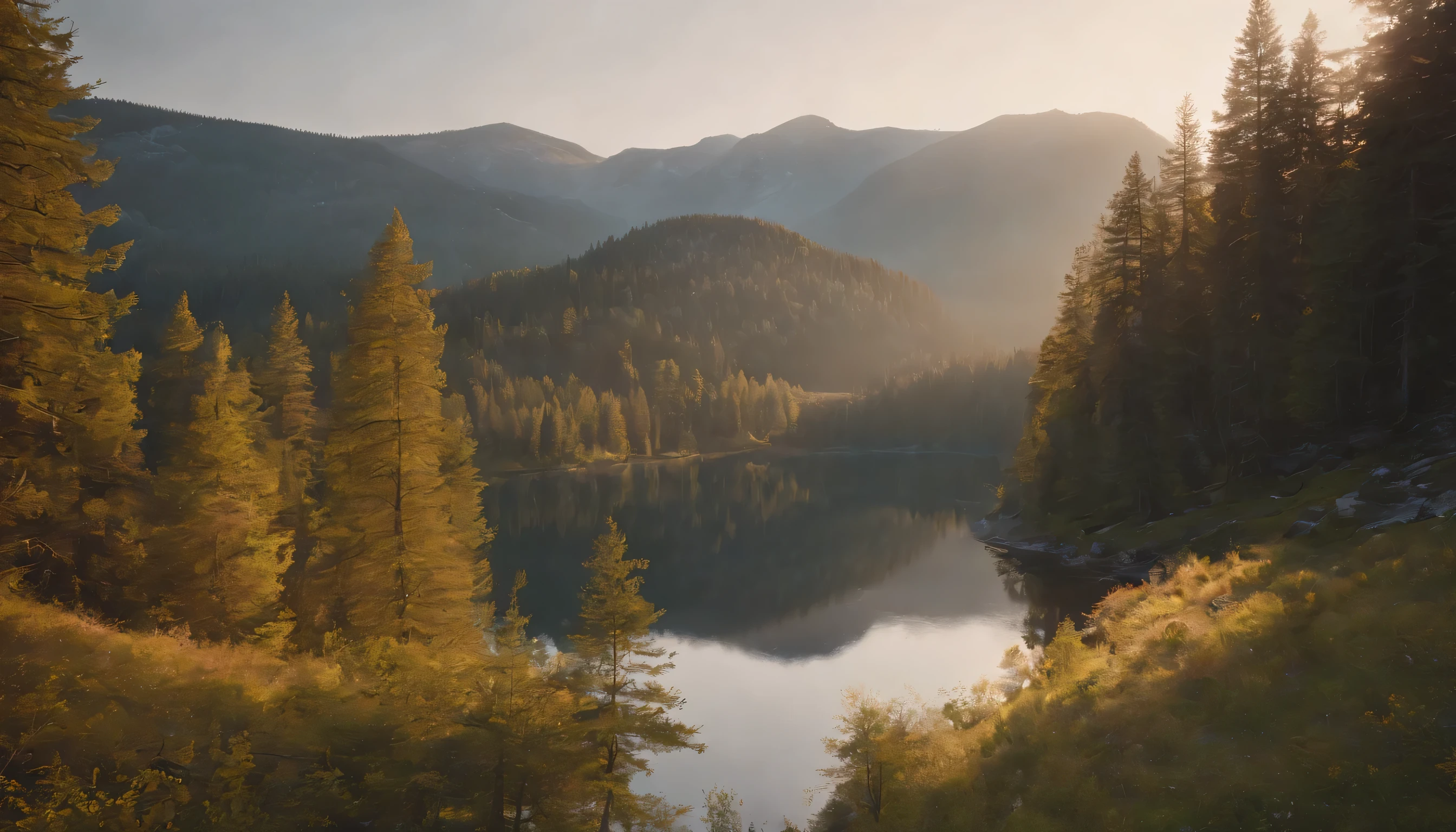 (Highly detailed CG Unity 8k wallpaper、masterpiece、highest quality、Super detailed)、(best lighting、best shadow、very delicate and beautiful)、highest quality、8k、Detailed facial depiction、masterpiece、highest quality、clear image quality、
Photo of a beautiful landscape of a Swedish forest and lakeside illuminated by sunset and sunrise.。