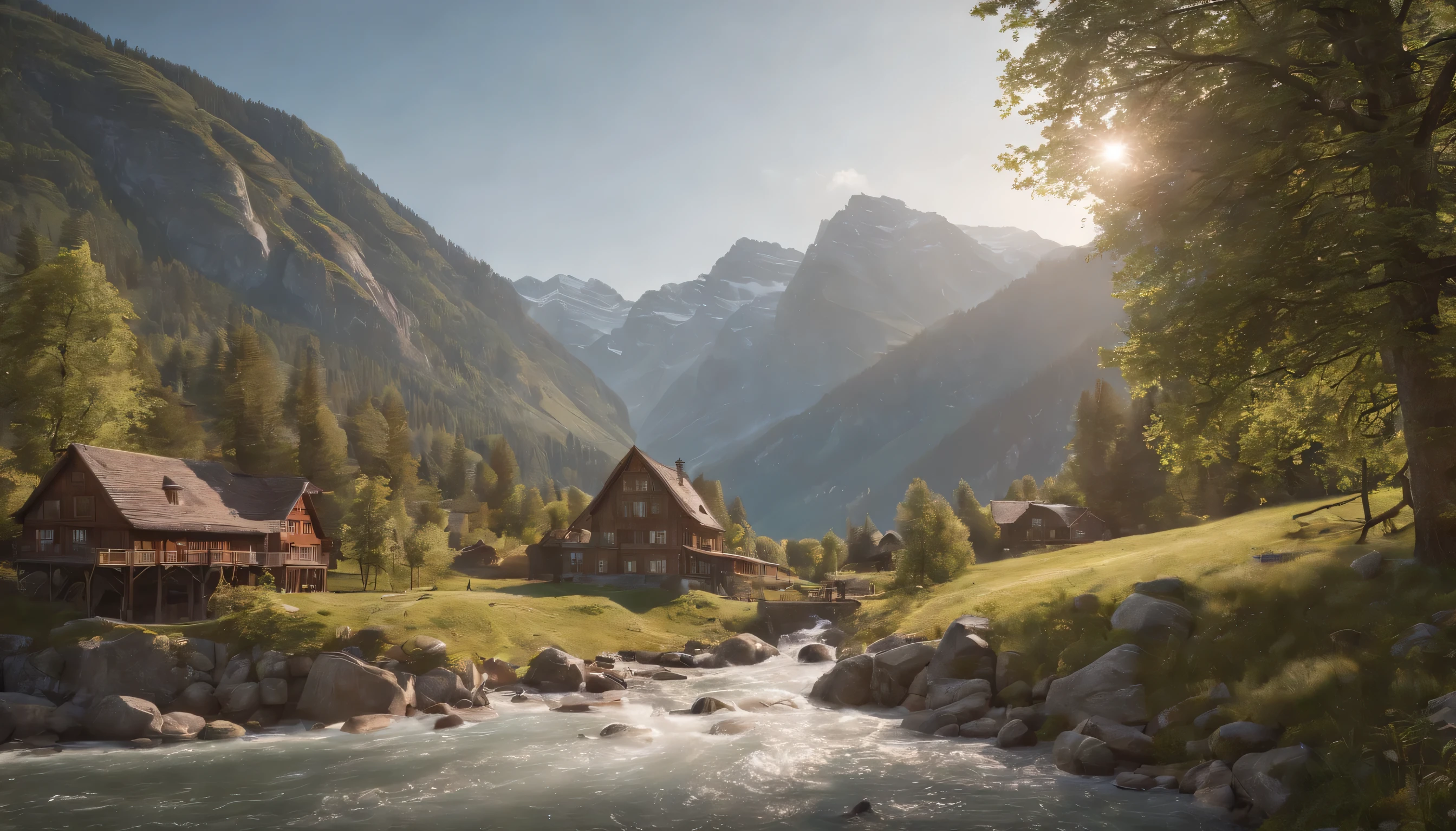 (Highly detailed CG Unity 8k wallpaper、masterpiece、highest quality、Super detailed)、(best lighting、best shadow、very delicate and beautiful)、highest quality、8k、Detailed facial depiction、masterpiece、highest quality、clear image quality、
Swedish streets and small villages々A scenic mountain with々A photo of a landscape surrounded by。