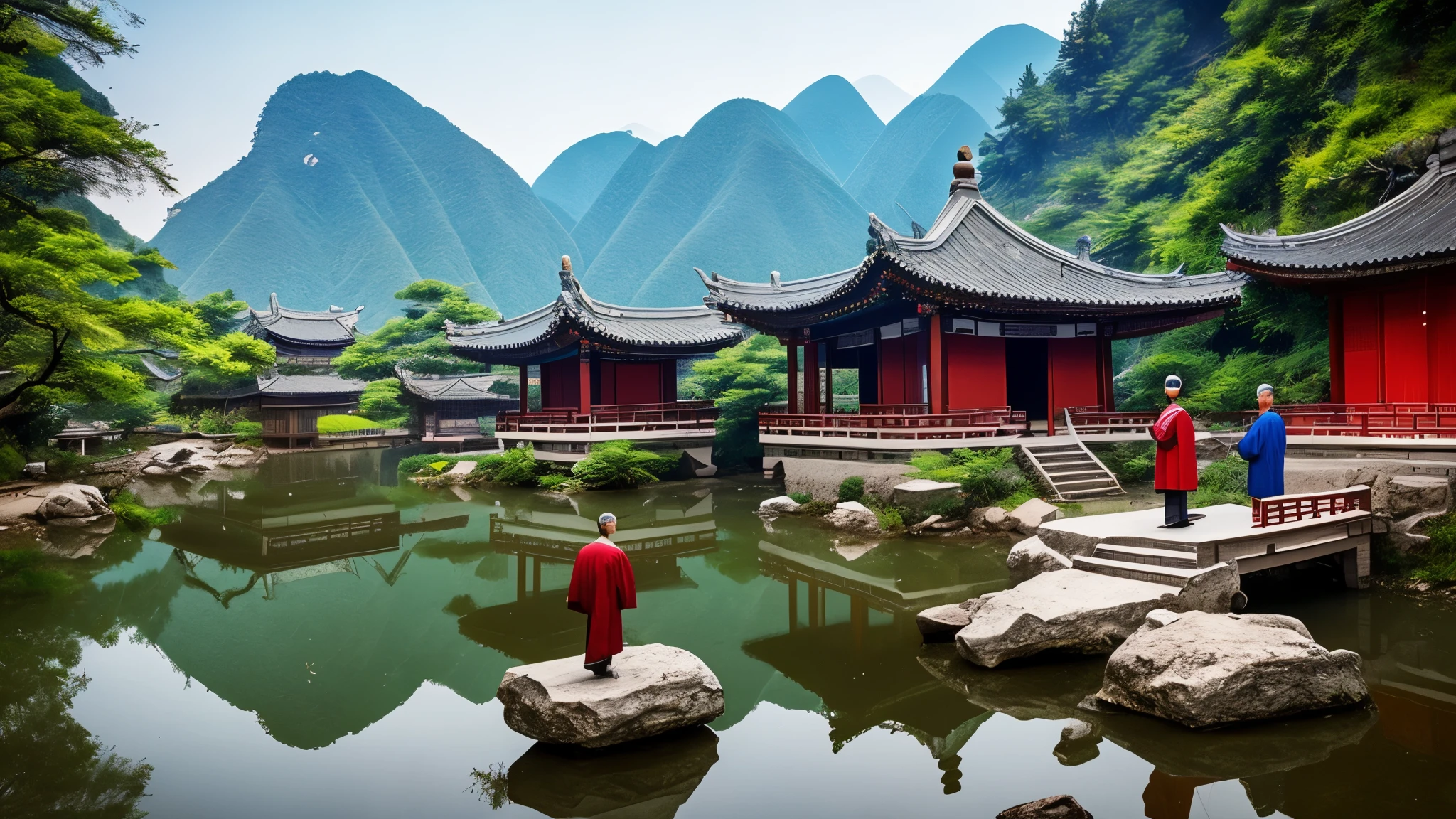 a young man seeking guidance from an old zen master in a chinese village nested in the mountains background, hyper realistic, 8k, 3D rendering