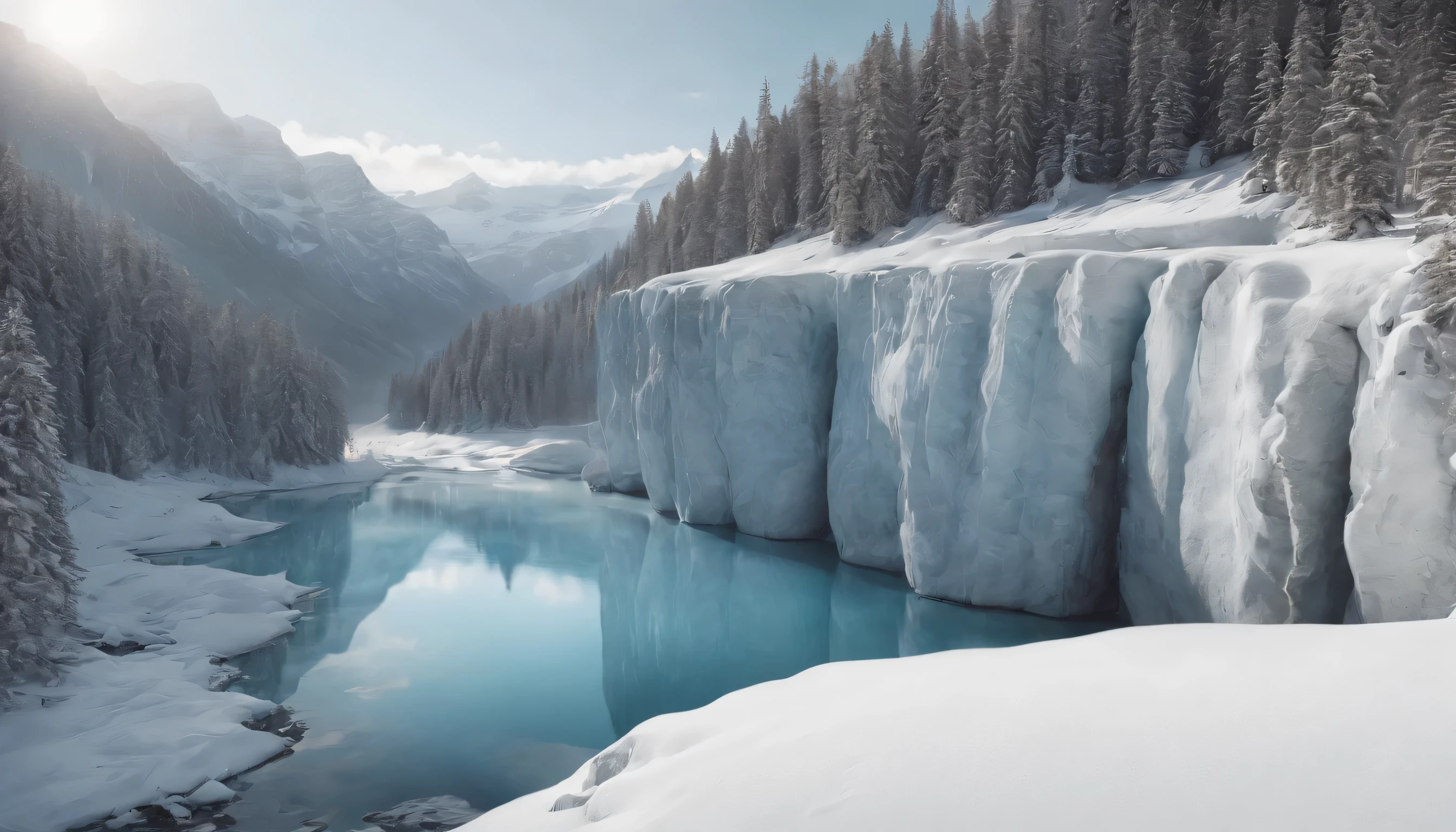 (Highly detailed CG Unity 8k wallpaper、masterpiece、highest quality、Super detailed)、(best lighting、best shadow、very delicate and beautiful)、highest quality、8k、Detailed facial depiction、masterpiece、highest quality、clear image quality、
Ice and snow landscape photo showing glaciers and glacial lakes in Sweden。