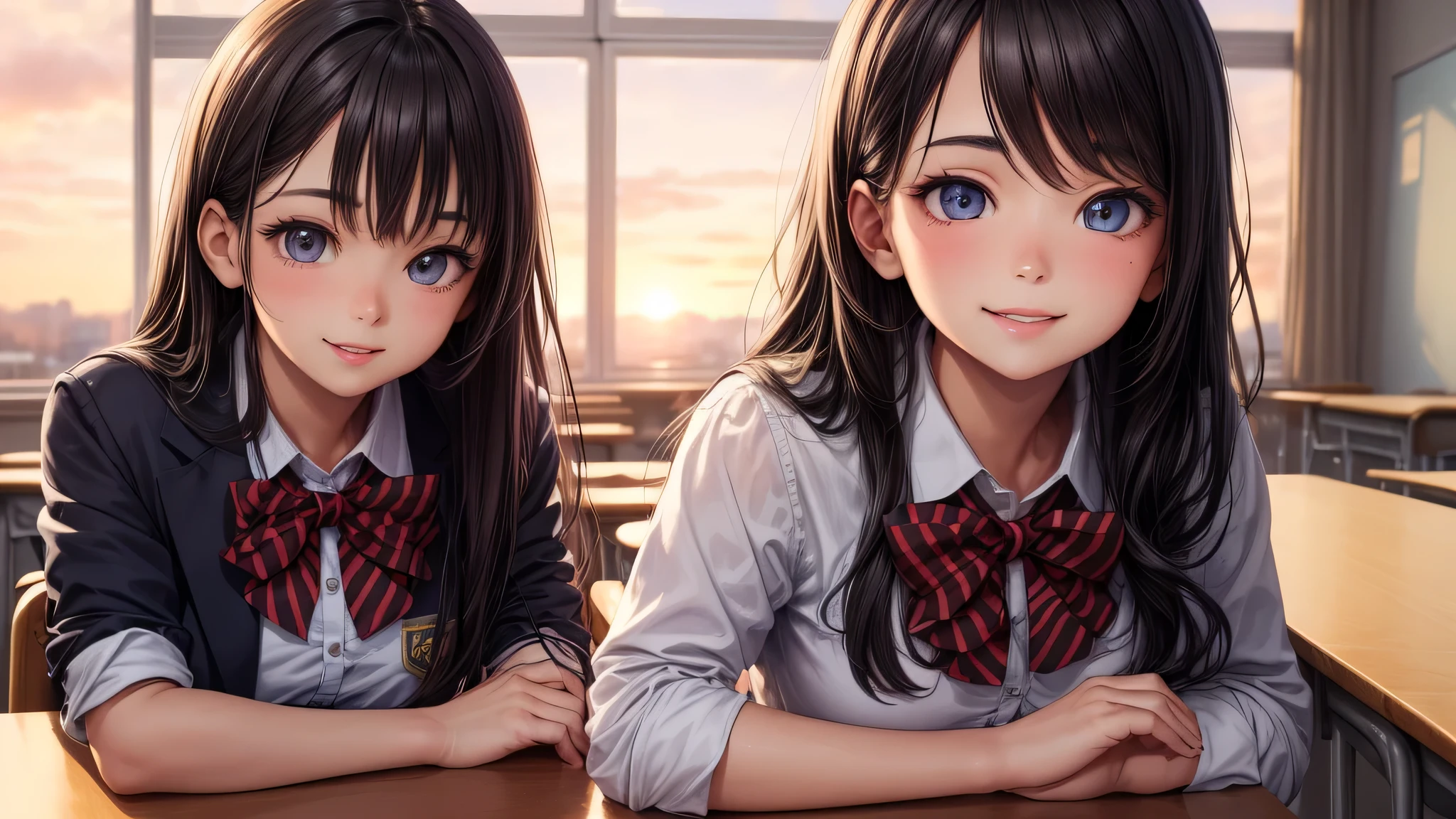 (2 girls), very cute face, wonderful face and eyes, Smile, (highly detailed eyes, highly detailed face), Fresh, (highest quality:1.4), (high School uniform, pleated mini skirt:1.2), smile a little, (look at me), School, classroom, sunset