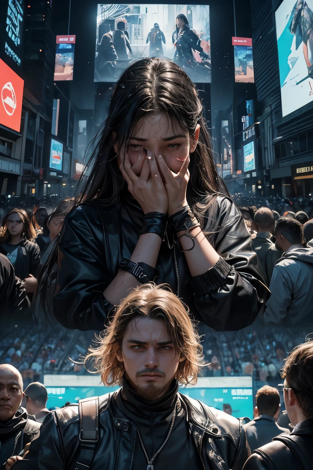 (Transparency, Public Disclosure, All Messages Revealed), Anxious expression, Hands covering face, Sweat-wet skin, Distraught, Crowd gathered around a large screen or projector, Each message projected in real-time, Clear and legible font, Various colors and tones representing different messages, Detailed description of each message, Including emoticons and attachments, Ultra detailed focus on every pixel, Realistic rendering of every character and symbol, Vibrant color palette, High contrast, Consequences of actions visible in the expressions of onlookers.