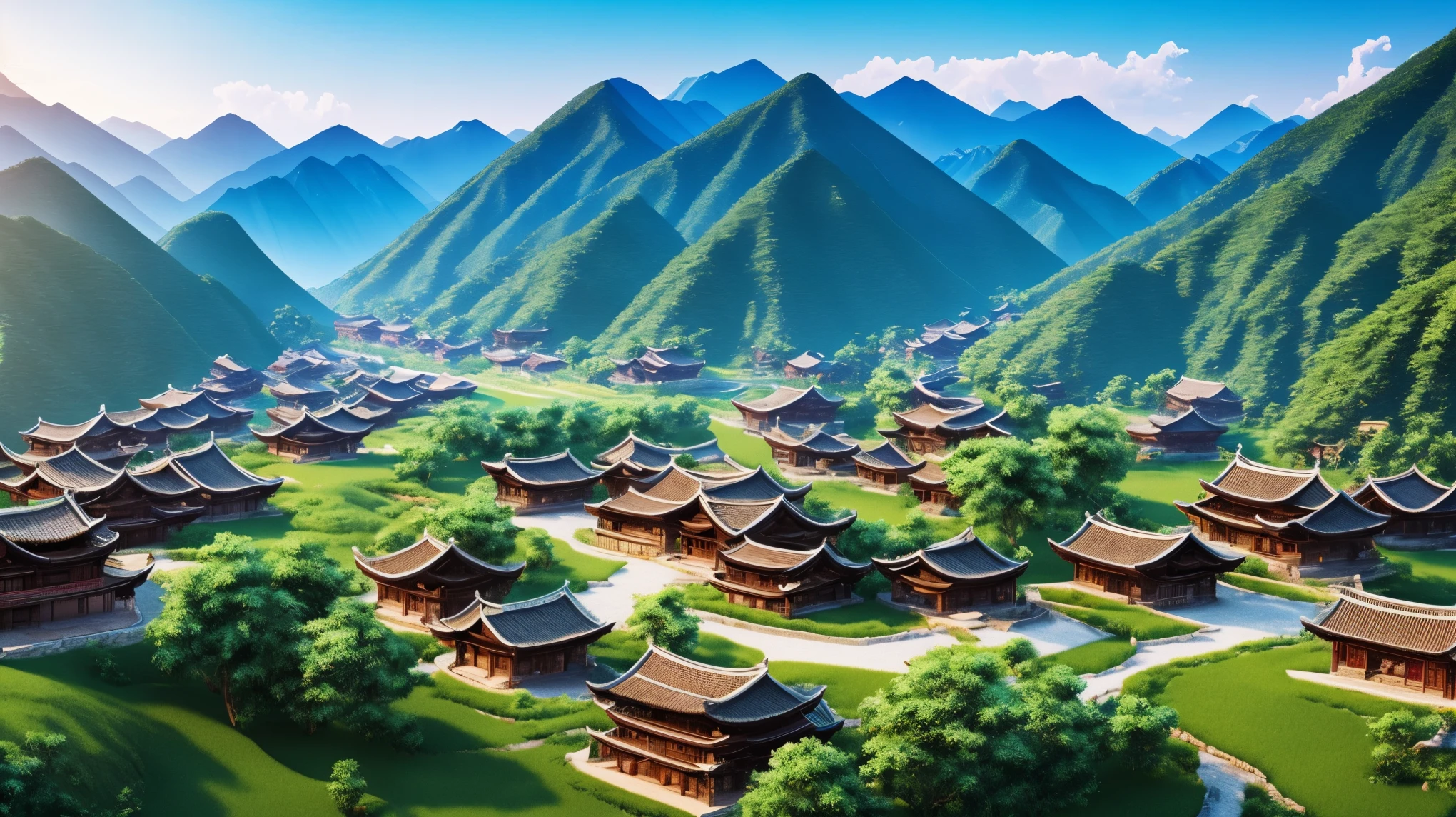 A chinese village nested in the mountains background, hyper realistic, 8k, 3D rendering