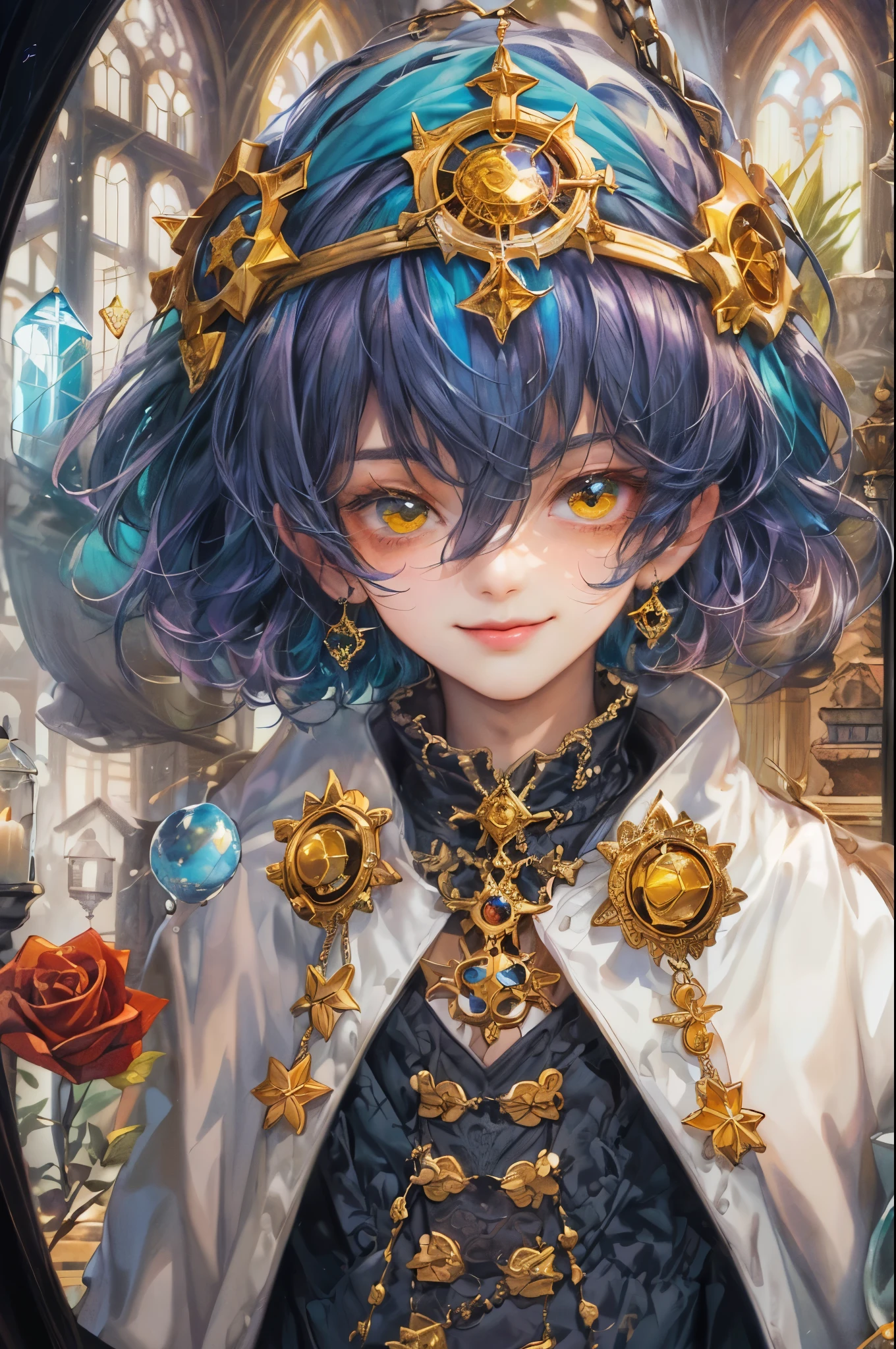 ((absurdres, highres, ultra detailed, perfect face), 1 boy , front view, young boy, handsome boy villain character from sugar sugar rune, short hair, anime eyes, mage clothes with colorful details,  eyes on the viewer, add red details to picture and smirk, dimples, extremely detailed CG unity 8k wallpaper, add blue details on side, intricate details and add yellow details on left, rose ornaments, witch castle background, detailed houses town scnery window background, tim burton style theme