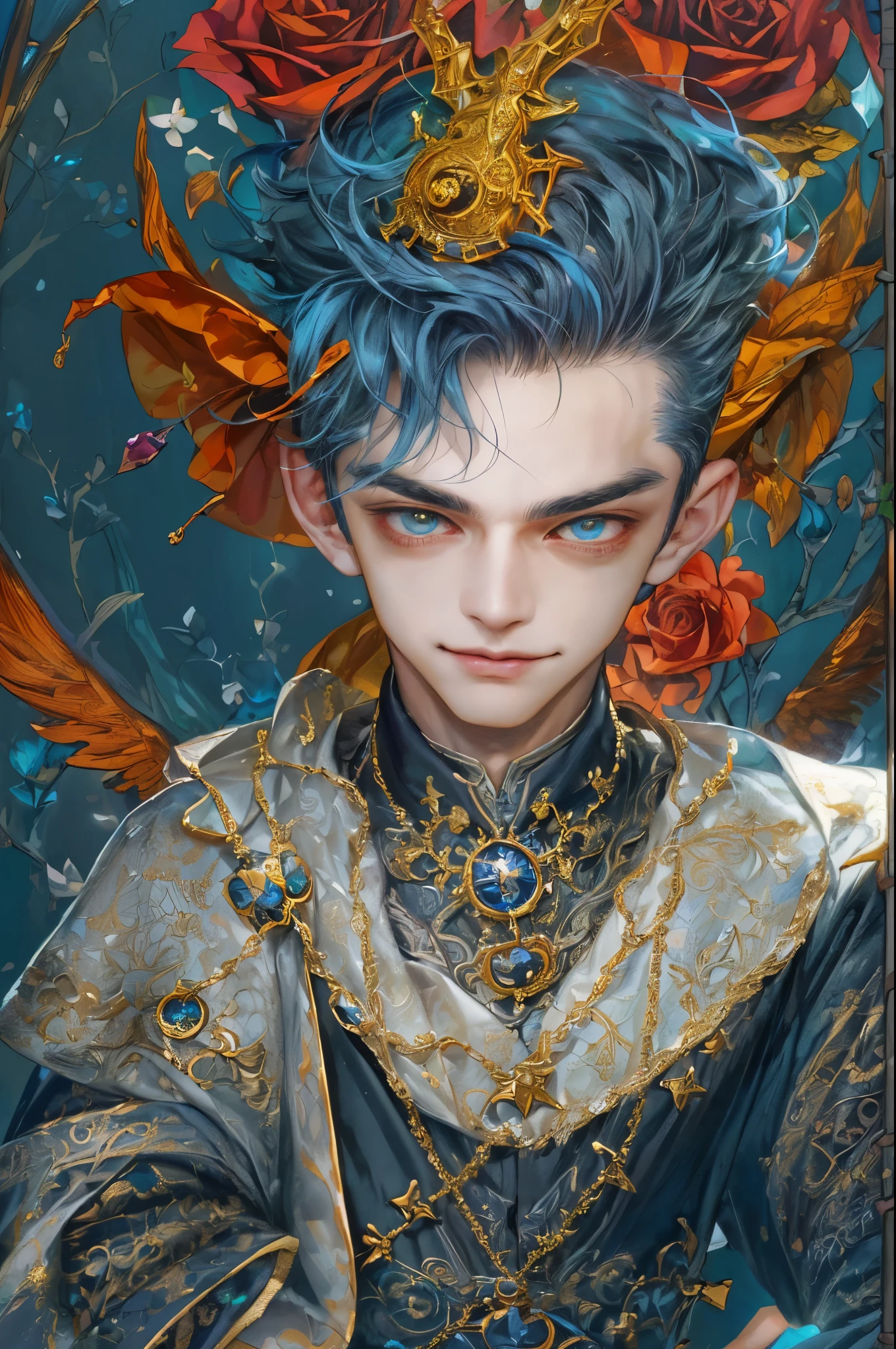 ((absurdres, highres, ultra detailed, perfect face), 1 boy , front view, young boy, handsome boy villain character from sugar sugar rune, short hair, anime eyes, mage clothes with colorful details, eyes on the viewer, add red details to picture and smirk, dimples, extremely detailed CG unity 8k wallpaper, add blue details on side, intricate details and add yellow details on left, rose ornaments, witch castle background, detailed houses town scnery window background, tim burton style theme