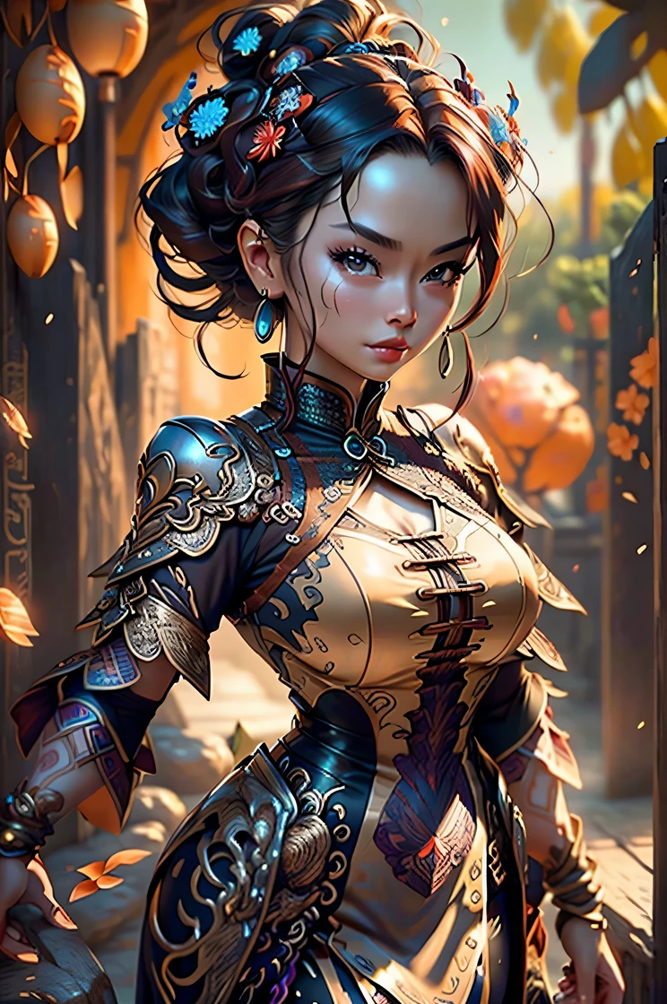 masterpiece, best quality, 8k, sharp focus, realistic, (detailed)), ((good highlights), 1 mature Chinese woman , have big chest , detailed beautiful face, detail skin texture, ultra-detailed body:1.1),   32k resolution:1.3))), highest quality, highly quality, she have creamy orange hair , wearing creamy purple and black outfit , moons and stars pattern, hoop earring