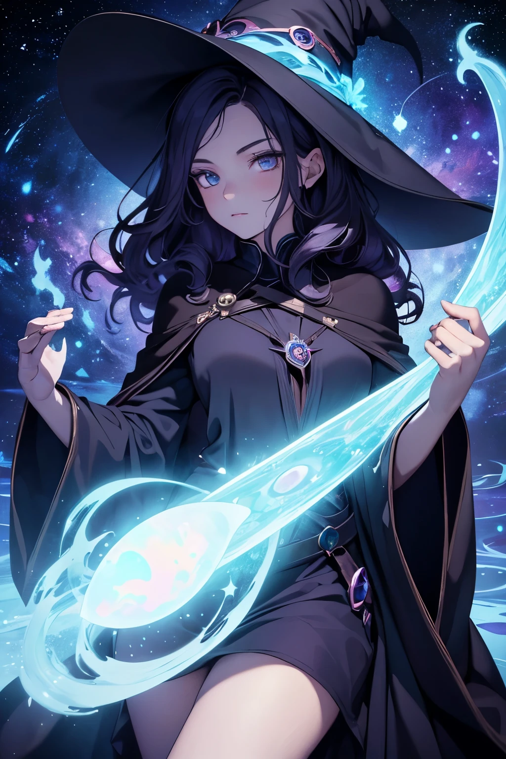 masterpiece, best quality, masterpiece, (1girl), serious witch, dark energy, void, opal eyes, astral magic, galactic void, stars, dark wavy hair, full body image, wearing witch robe
