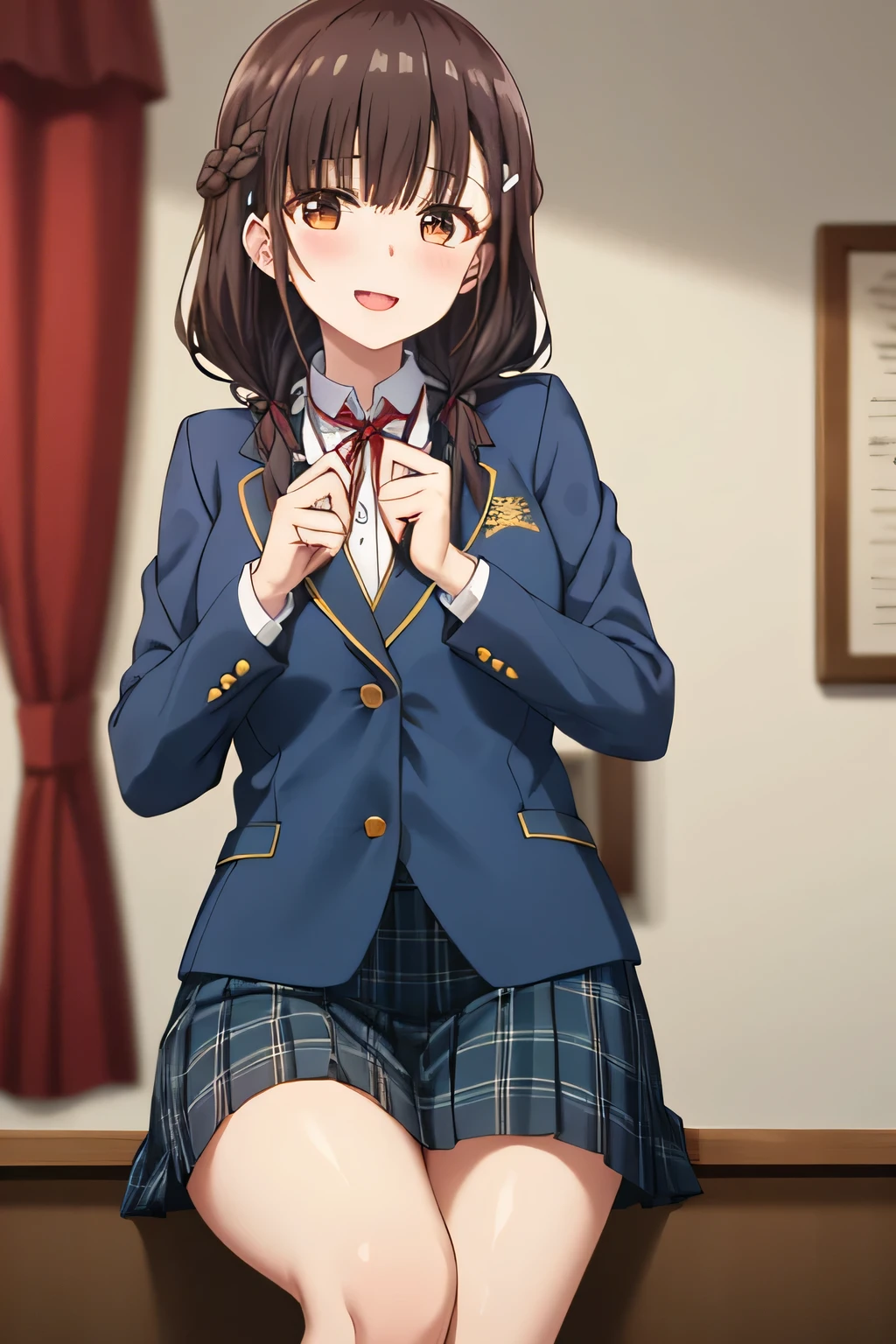 highest quality, (masterpiece:1.2), very detailed, pure white background, A girl who emits sparkling pink magic from her fingertips towards the viewer.., irido yume, looking at the viewer, open your mouth, nice smile, brown shiny eyes, brown hair, とても長いBraid, big hair clip, school uniform, dark blue plaid skirt, middle long skirt, white shirt, blue jacket, Golden coat of arms, big red ribbon on the chest, lipstick、very shiny hair、laughter、bright look、Eyes are shining、the light illuminates your face and hair, There&#39;There&#39;There&#39;s a lot of light in my eyes, The corners of the eyes are drooping, , Braid、Braidが可愛い, 