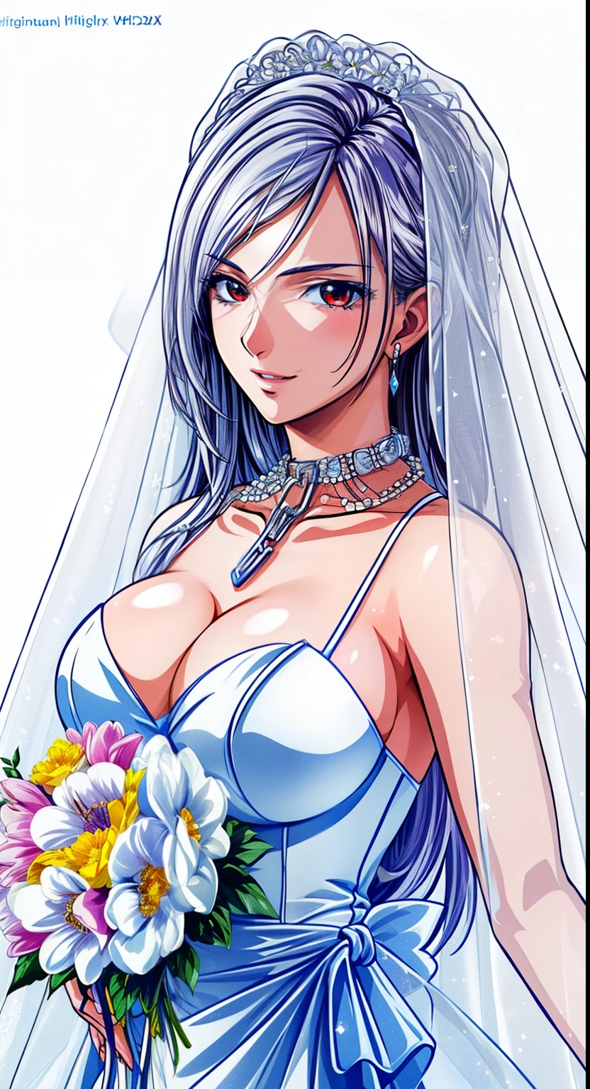 red eyes, (pure white background:1.4),(highest quality, masterpiece絵画:1.3), mature woman, 26 years old, whole body,(diamond necklace around neck),(from head to toe),looking at the camera, (From the side), masterpiece, ultra high resolution, (Photoreal:1.0), bright white hair,straight long hair, beautiful shining hair, white and shining skin, ((Ultra realistic details)), octane rendering, highly detailed face, bouquet in both hands,  (big breasts:1.0),(gorgeous white wedding dress,white Wedding veil,delicate decoration:1.2), open neckline, cleavage, perfect body, soft skin, anime face, perfect face, perfect eyes, looking at the viewer, smart,, Lots of flowers at my feet, outdoors,sharp focus, intricate details, professional artwork, (bright colors:1.1), bright colors, diffused lighting, digital blending, ultra-definition body, ultra detail hair, super detailed face, It&#39;s trending on pixiv,perfect lips, perfect compensate, Ultra-precision coating, (light_smile:0.8), (Very embarrassed:1.2),A glossy look,