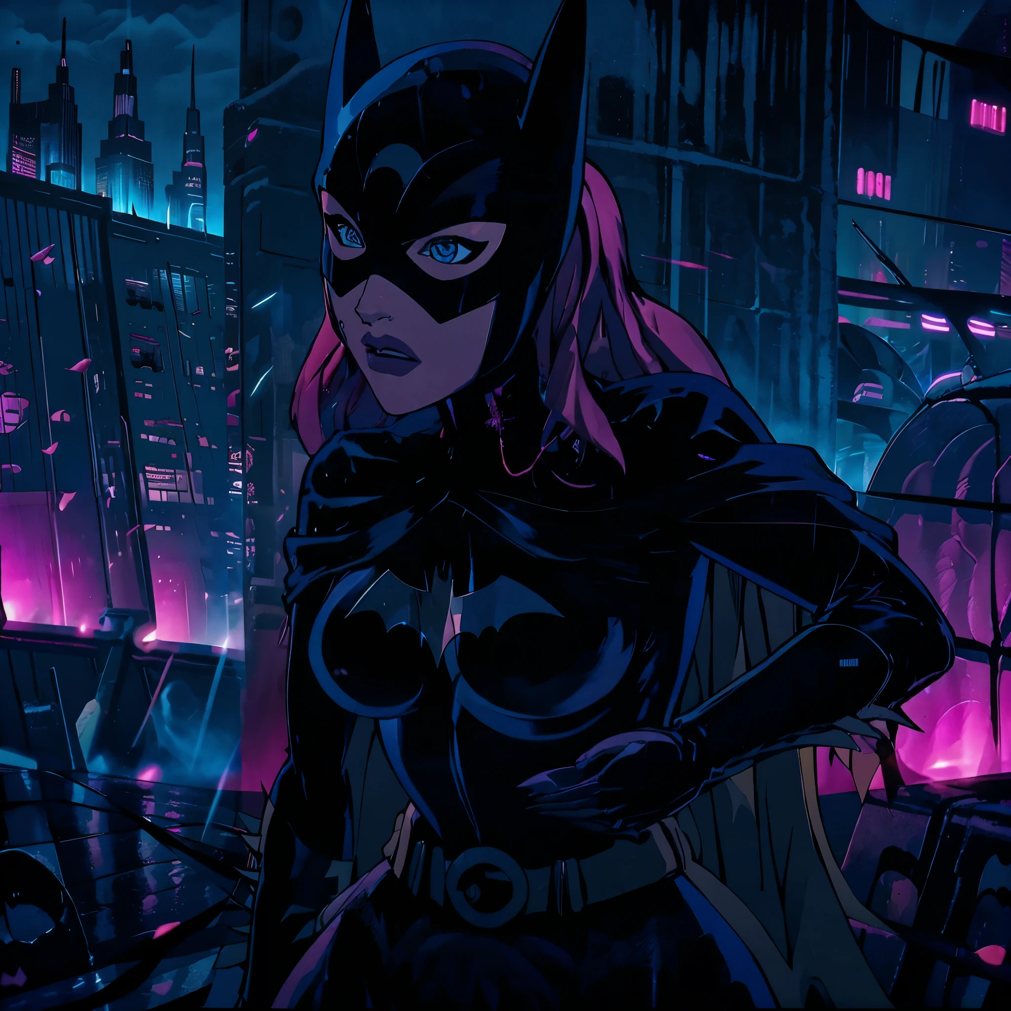 you look lonely, blade runner 2049, night, masterpiece, best quality, CARTOON_batgirl_ownwaifu,www.ownwaifu.com,mask,long hair,blue eyes,bodysuit,breasts,cape,domino mask,belt,superhero,gloves,lips,black bodysuit,helmet,belt buckle,horns,bat_print,pouch, 1 cyberpunk girl, bold colors and patterns, Cyberpunk dazzling cityscape, skyscrapers, neon signs, LED lights, bright and vivid color scheme, anime, illustration, beautiful detailed face, intricate details, ultra detailed,