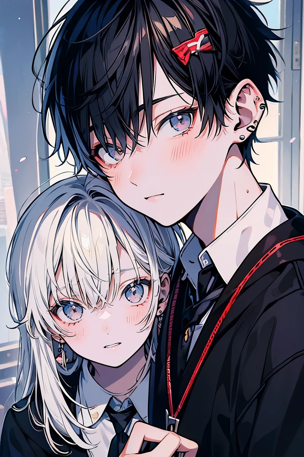 (muste piece), (best quality), very detailed, (((Two friendly high school boys:1.5))), perfect face, beautiful face, very detailed face,(white haired man:1.3),(black haired man:1.3),School,classroom,student uniform,tie,shirt