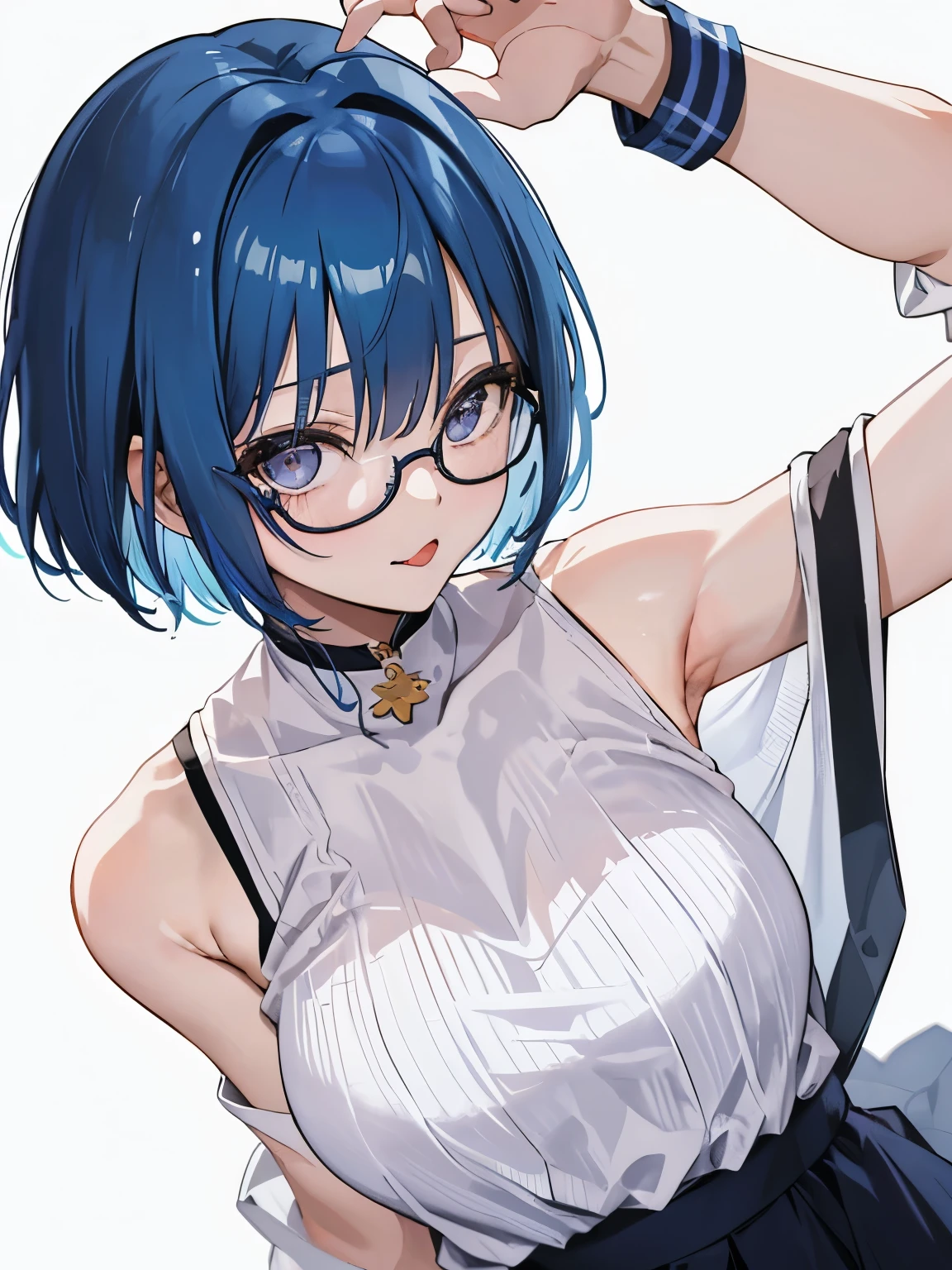 片手でglassesをずらす少女、1 girl、young girl、blue hair、short bob、Long bangs on the right side、Upper body、view from above、big breasts、show me your armpits、Armpit、stick out tongue、glasses、Clothes are sleeveless