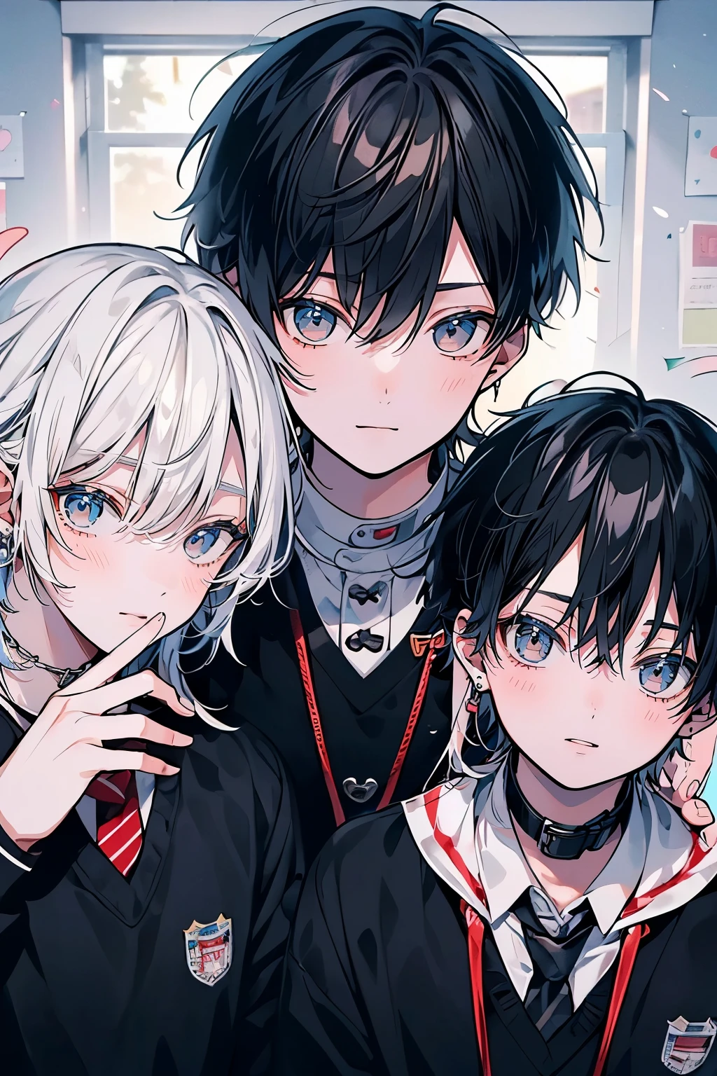 (muste piece), (best quality), very detailed, (((Two friendly high school boys:1.5))), perfect face, beautiful face, very detailed face,(white haired man:1.3),(black haired man:1.3),School,classroom,student uniform,tie,shirt