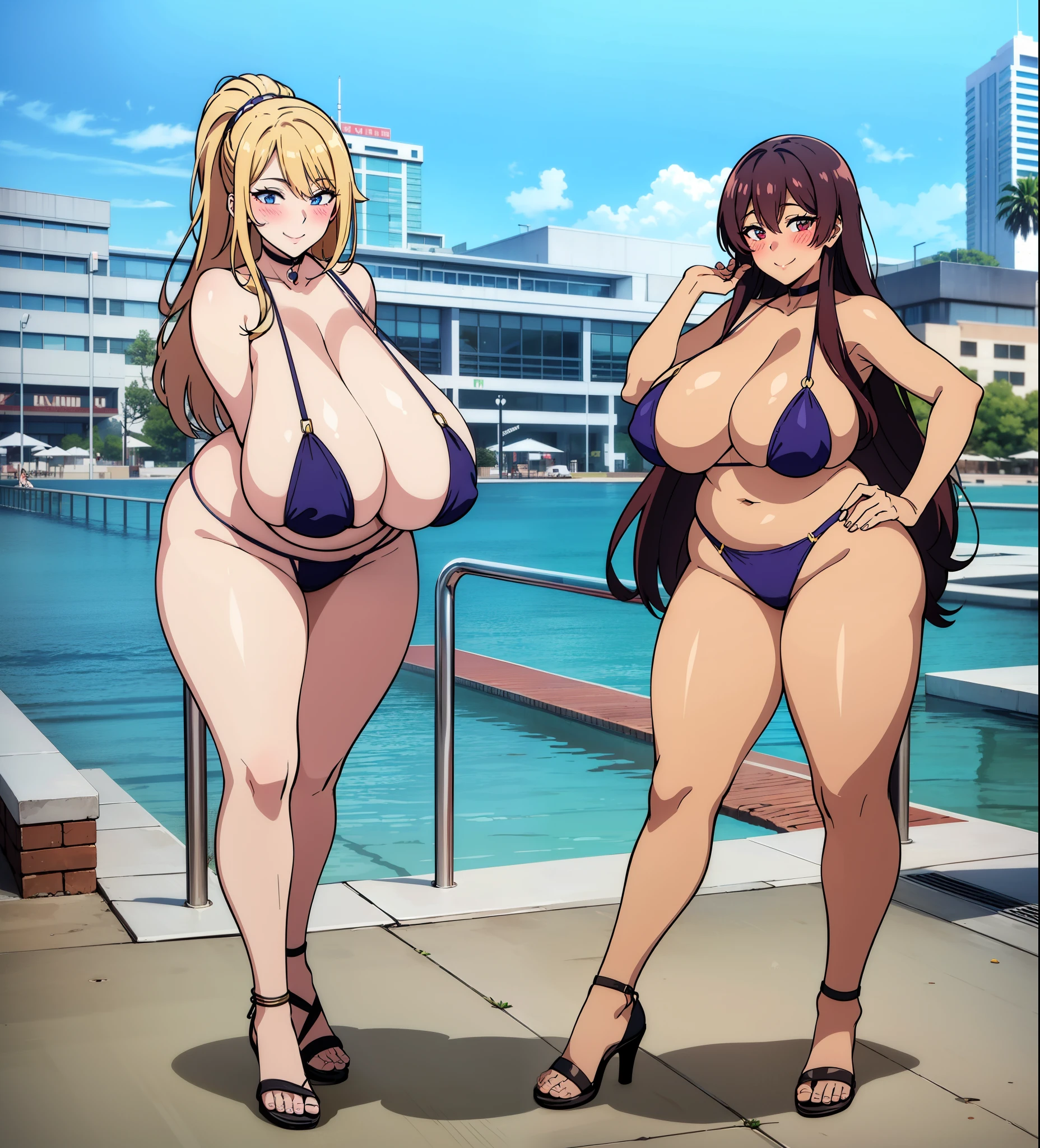 ((The woman on the right is smiling)),((The woman on the left is blushing))