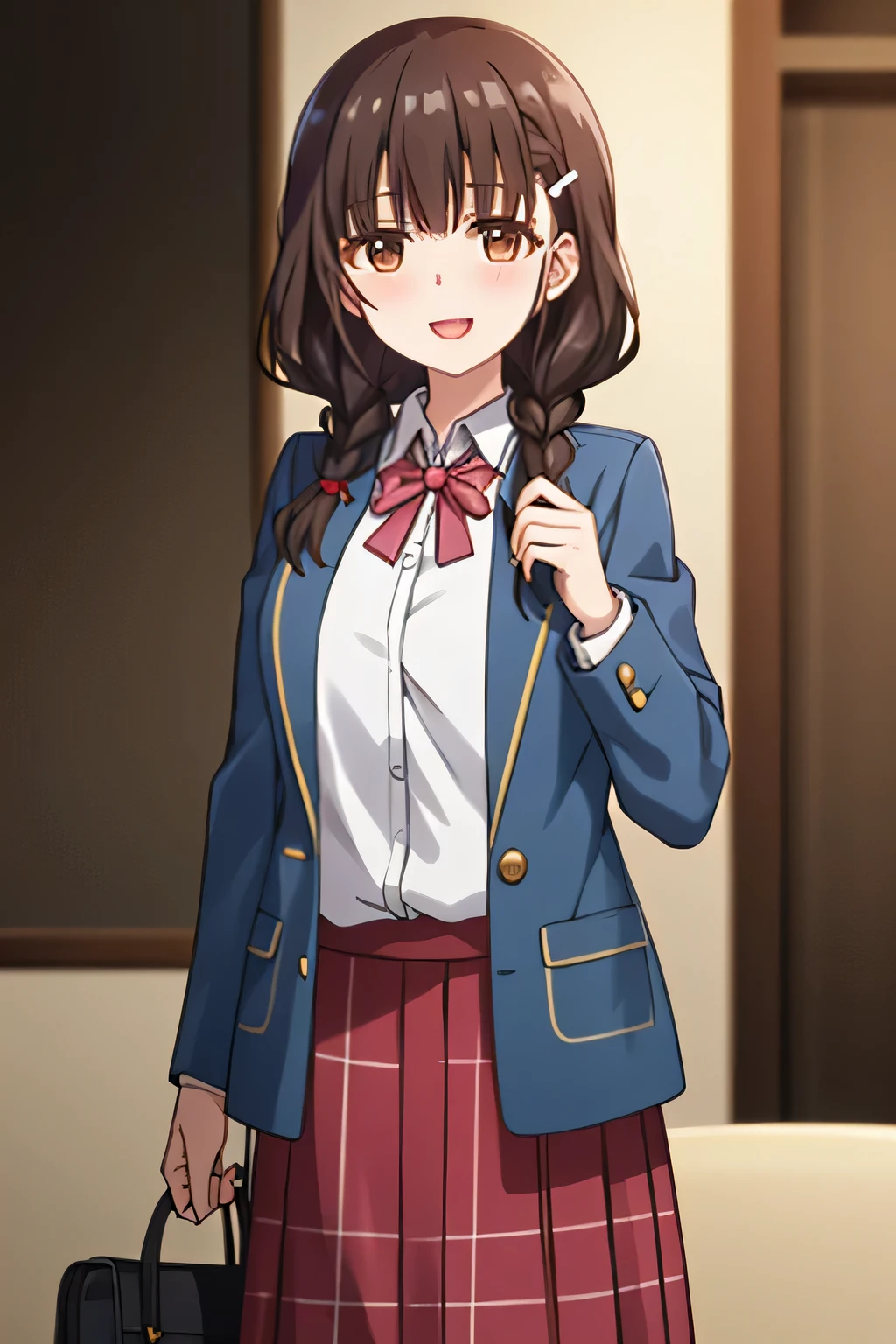 highest quality, (masterpiece:1.2), very detailed, pure white background, A magical girl who emits sparkling pink magic from her fingertips towards the viewer..., irido yume, looking at the viewer, open your mouth, nice smile, brown shiny eyes, brown hair, とても長いBraid, big hair clip, school uniform, dark blue plaid skirt, middle long skirt, white shirt, blue jacket, Golden coat of arms, big red ribbon on the chest, lipstick、very shiny hair、laughter、bright look、Eyes are shining、the light illuminates your face and hair, There&#39;There&#39;There&#39;There&#39;s a lot of light in my eyes, The corners of the eyes are drooping, , Braid、Braidが可愛い, 