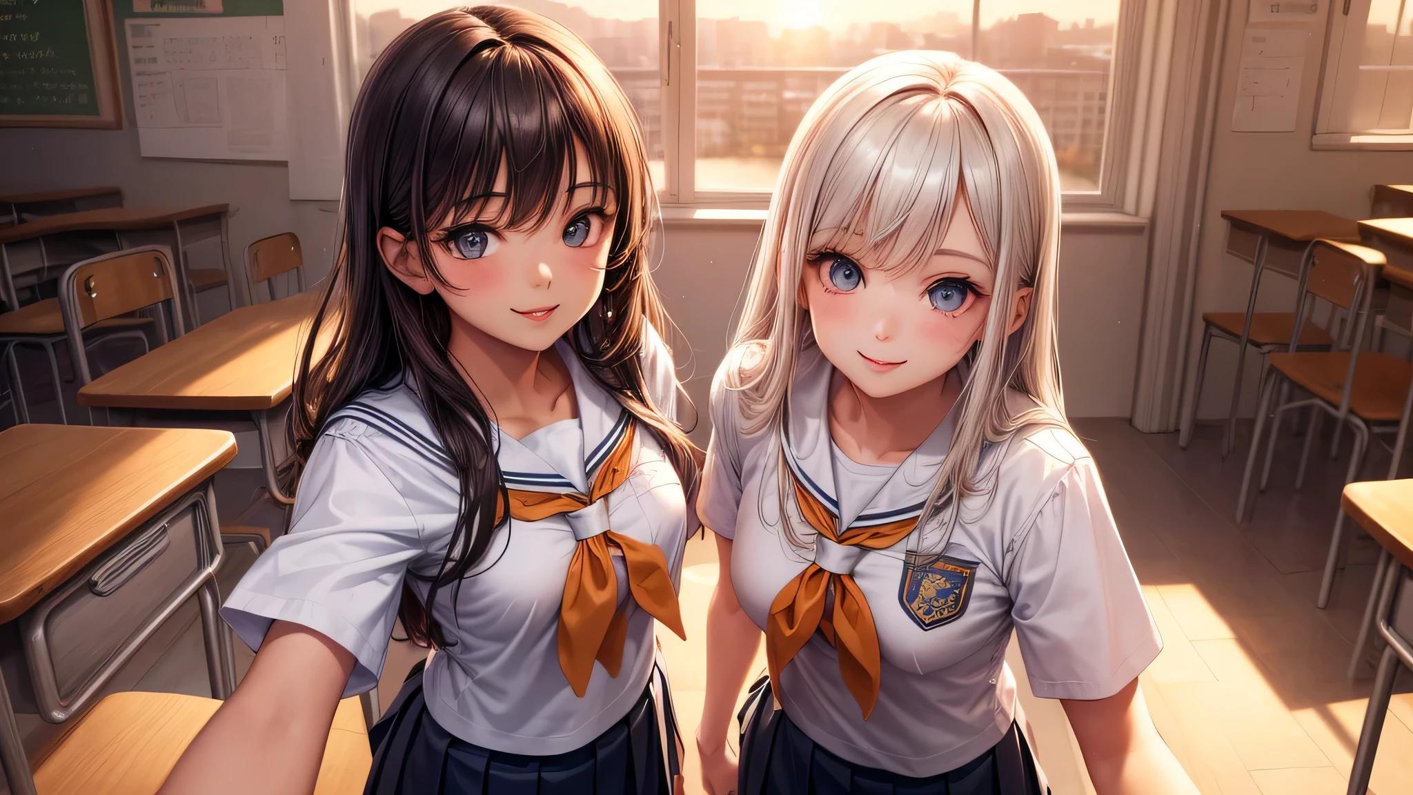 (2 girls), very cute face, wonderful face and eyes, Smile, (highly detailed eyes, highly detailed face), Fresh, (highest quality:1.4), (high School uniform, pleated mini skirt:1.2), smile a little, (look at me), School, classroom, sunset, dazzling light,