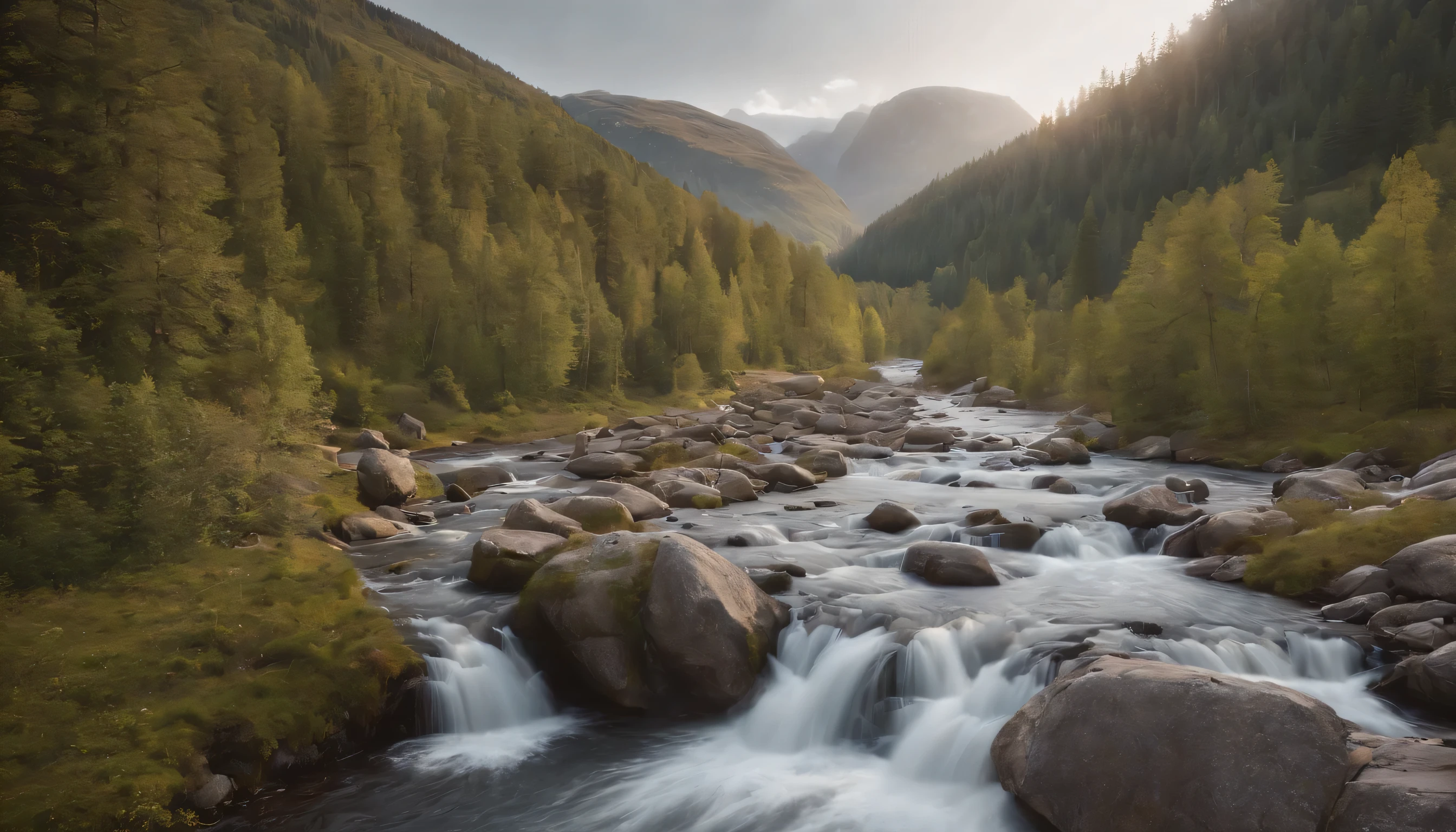 (Highly detailed CG Unity 8k wallpaper、masterpiece、highest quality、Super detailed)、(best lighting、best shadow、very delicate and beautiful)、highest quality、8k、Detailed facial depiction、masterpiece、highest quality、clear image quality、
A photo taken from the car window of a Swedish valley with waterfalls and clear streams flowing through it..。