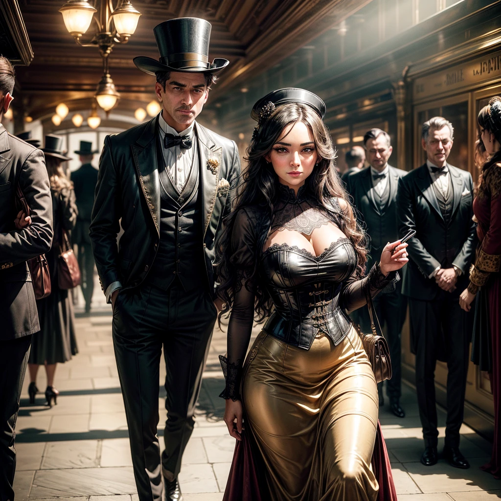 (best quality,4k,8k,highres,masterpiece:1.2),ultra-detailed,(realistic,photorealistic,photo-realistic:1.37),steam punk,a luxurious Train Station,spotlessly clean,several steam punk entertainment gadgets are present,golden steam-powered machines,exquisite clockwork mechanisms,elaborate brass gears and cogs,steaming pipes and valves,ornate Victorian architecture,impeccably polished marble floors,vintage leather-upholstered seating,gleaming crystal chandeliers,elegant top hats and corsets,curved wrought-iron staircases,copper-clad ticket booths,an opulent waiting lounge with plush velvet seats,an old-fashioned ticket conductor standing at the platform,steam-powered trains arriving and departing with a majestic hissing sound,couples in elegant attire waiting to board the train,a sense of excitement and anticipation in the air,beautifully painted vintage train carriages,puffs of steam billowing from the engines,strategically placed gas lamps casting a warm glow,sounds of clinking tea cups and laughter from a nearby café,vivid colors of rich burgundy,deep emerald green,and shimmering gold,all perfectly illuminated by the soft natural light streaming through large stained glass windows,captured in a timeless moment of Victorian elegance and steam-powered marvels.