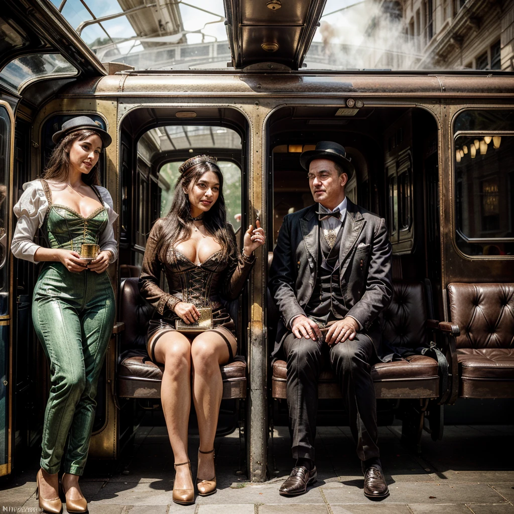 (best quality,4k,8k,highres,masterpiece:1.2),ultra-detailed,(realistic,photorealistic,photo-realistic:1.37),steam punk,a luxurious Train Station,spotlessly clean,several steam punk entertainment gadgets are present,golden steam-powered machines,exquisite clockwork mechanisms,elaborate brass gears and cogs,steaming pipes and valves,ornate Victorian architecture,impeccably polished marble floors,vintage leather-upholstered seating,gleaming crystal chandeliers,elegant top hats and corsets,curved wrought-iron staircases,copper-clad ticket booths,an opulent waiting lounge with plush velvet seats,an old-fashioned ticket conductor standing at the platform,steam-powered trains arriving and departing with a majestic hissing sound,couples in elegant attire waiting to board the train,a sense of excitement and anticipation in the air,beautifully painted vintage train carriages,puffs of steam billowing from the engines,strategically placed gas lamps casting a warm glow,sounds of clinking tea cups and laughter from a nearby café,vivid colors of rich burgundy,deep emerald green,and shimmering gold,all perfectly illuminated by the soft natural light streaming through large stained glass windows,captured in a timeless moment of Victorian elegance and steam-powered marvels.