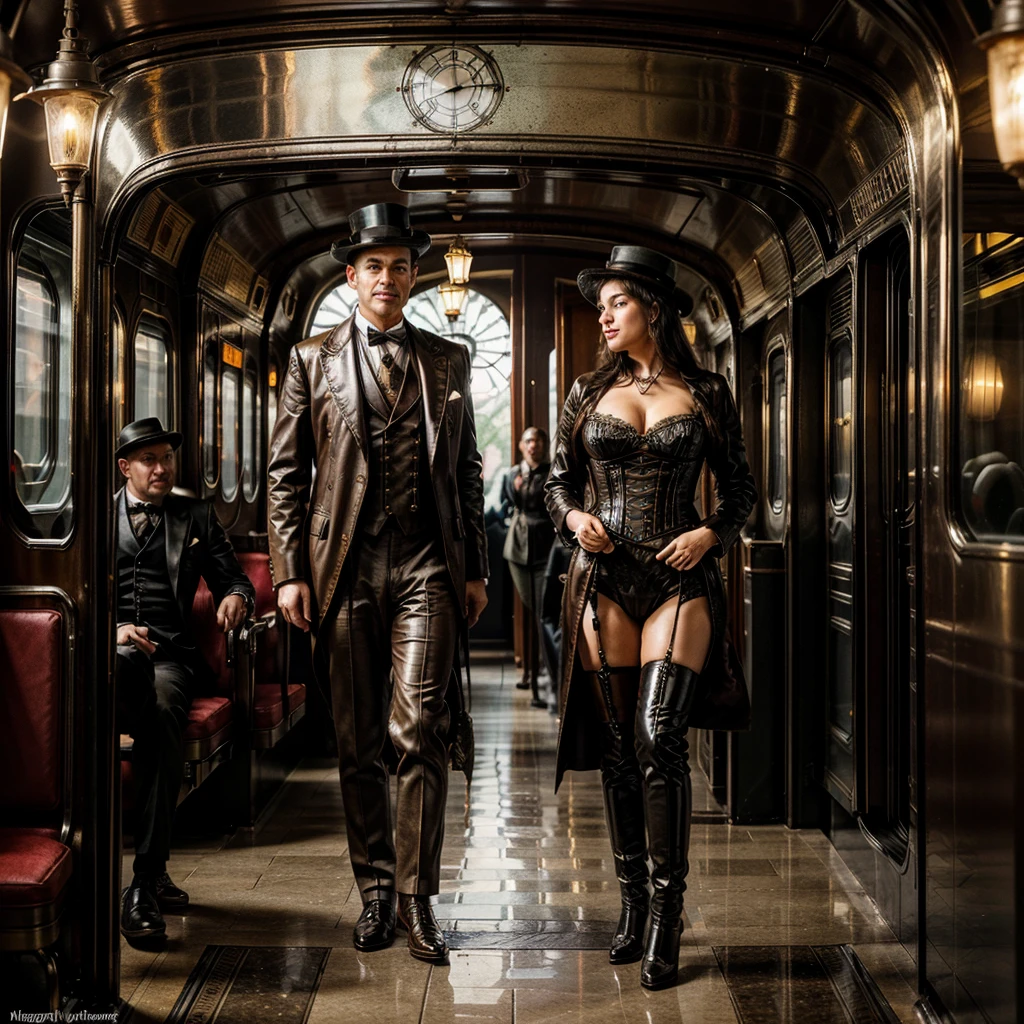 (best quality,4k,8k,highres,masterpiece:1.2),ultra-detailed,(realistic,photorealistic,photo-realistic:1.37),steam punk,a luxurious Train Station,spotlessly clean,several steam punk entertainment gadgets are present,golden steam-powered machines,exquisite clockwork mechanisms,elaborate brass gears and cogs,steaming pipes and valves,ornate Victorian architecture,impeccably polished marble floors,vintage leather-upholstered seating,gleaming crystal chandeliers,elegant top hats and corsets,curved wrought-iron staircases,copper-clad ticket booths,an opulent waiting lounge with plush velvet seats,an old-fashioned ticket conductor standing at the platform,steam-powered trains arriving and departing with a majestic hissing sound,couples in elegant attire waiting to board the train,a sense of excitement and anticipation in the air,beautifully painted vintage train carriages,puffs of steam billowing from the engines,strategically placed gas lamps casting a warm glow,sounds of clinking tea cups and laughter from a nearby café,vivid colors of rich burgundy,deep emerald green,and shimmering gold,all perfectly illuminated by the soft natural light streaming through large stained glass windows,captured in a timeless moment of Victorian elegance and steam-powered marvels.