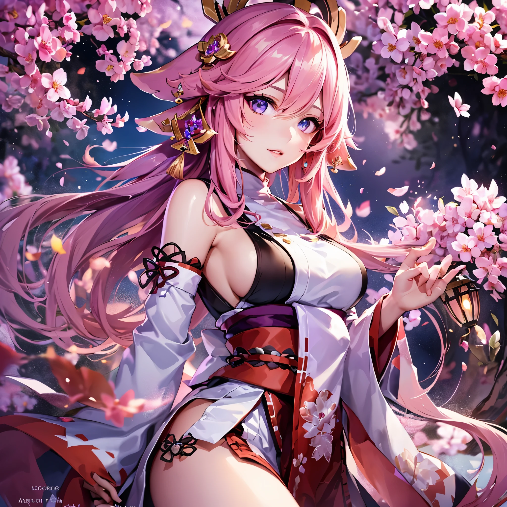 1 girl, K-POPアイドル, yae miko,detailed face,Long leg shots,whole body, masterpiece, highest quality, (Highly detailed CG Unity 8k wallpaper, masterpiece, highest quality, super detailed, best shadow), (detailed background), (beautiful detailed face, detailed and beautiful eyes), high contrast, (best illumination, very delicate and beautiful), removed sleeve, pink hair, long hair, highest quality, (realistic:1.2), (hair ornaments:1.35), jewelry, purple eyes, earrings, big breasts, torii, cherry blossoms, lantern light, Depth of the bounds written, detailed face, face focus, (looking at the viewer:1.25), shiny skin, long sleeve