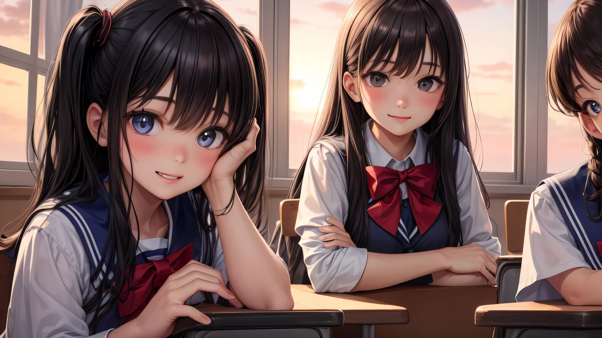 (2 girls), very cute face, wonderful face and eyes, Smile, (highly detailed eyes, highly detailed face), Fresh, (highest quality:1.4), (high School uniform, pleated mini skirt:1.2), smile a little, (look at me), School, classroom, sunset, dazzling light,