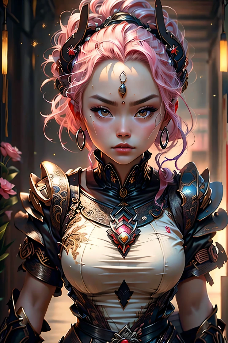 masterpiece, best quality, 8k, sharp focus, realistic, (detailed)), ((good highlights), 1 mature Chinese woman , have big chest , detailed beautiful face, detail skin texture, ultra-detailed body:1.1),   32k resolution:1.3))), highest quality, highly quality, she have creamy pink hair , wearing pink  and black outfit , moons and stars pattern, hoop earring