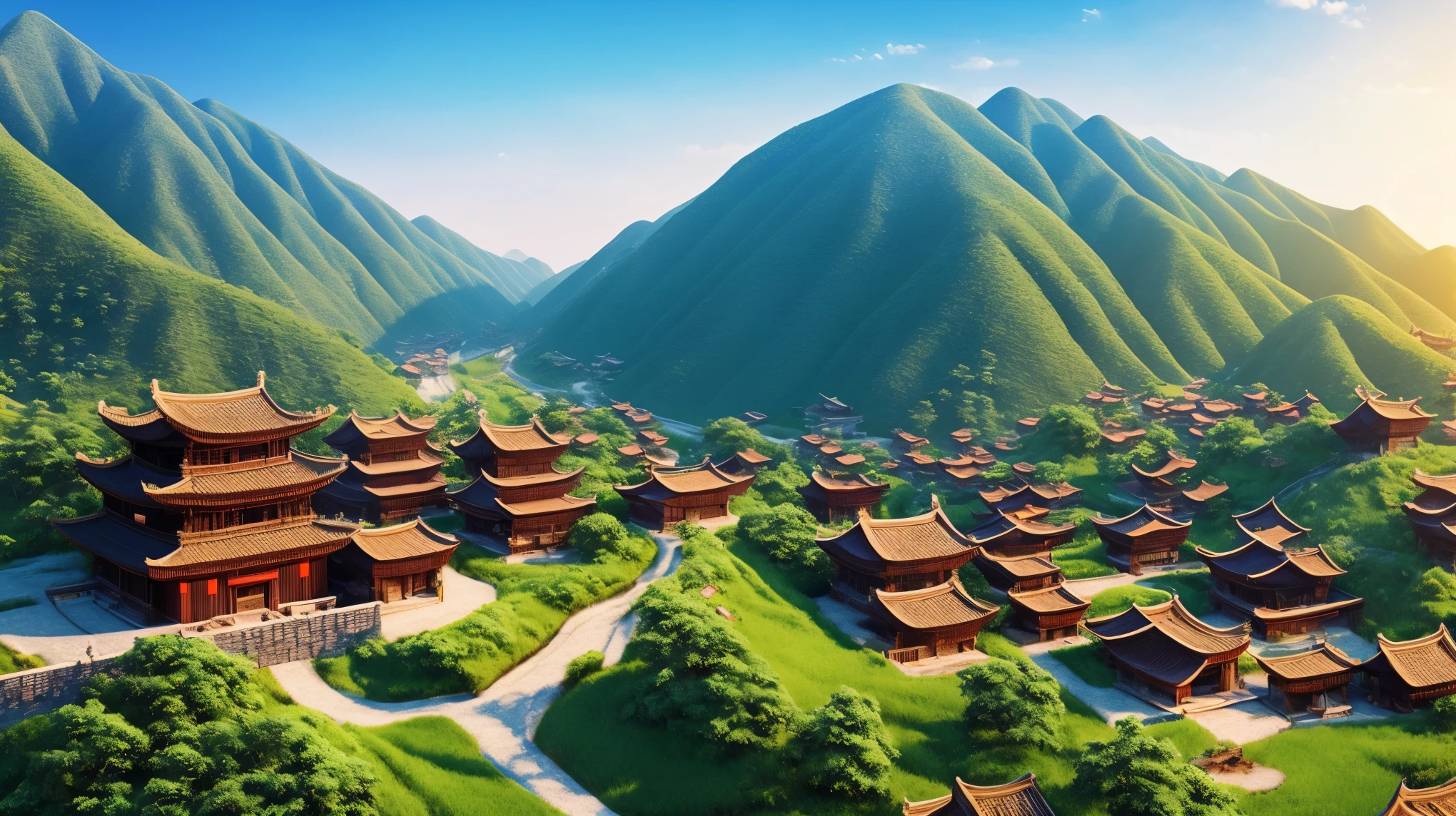 A chinese village nested in the mountains background, hyper realistic, 8k, 3D rendering