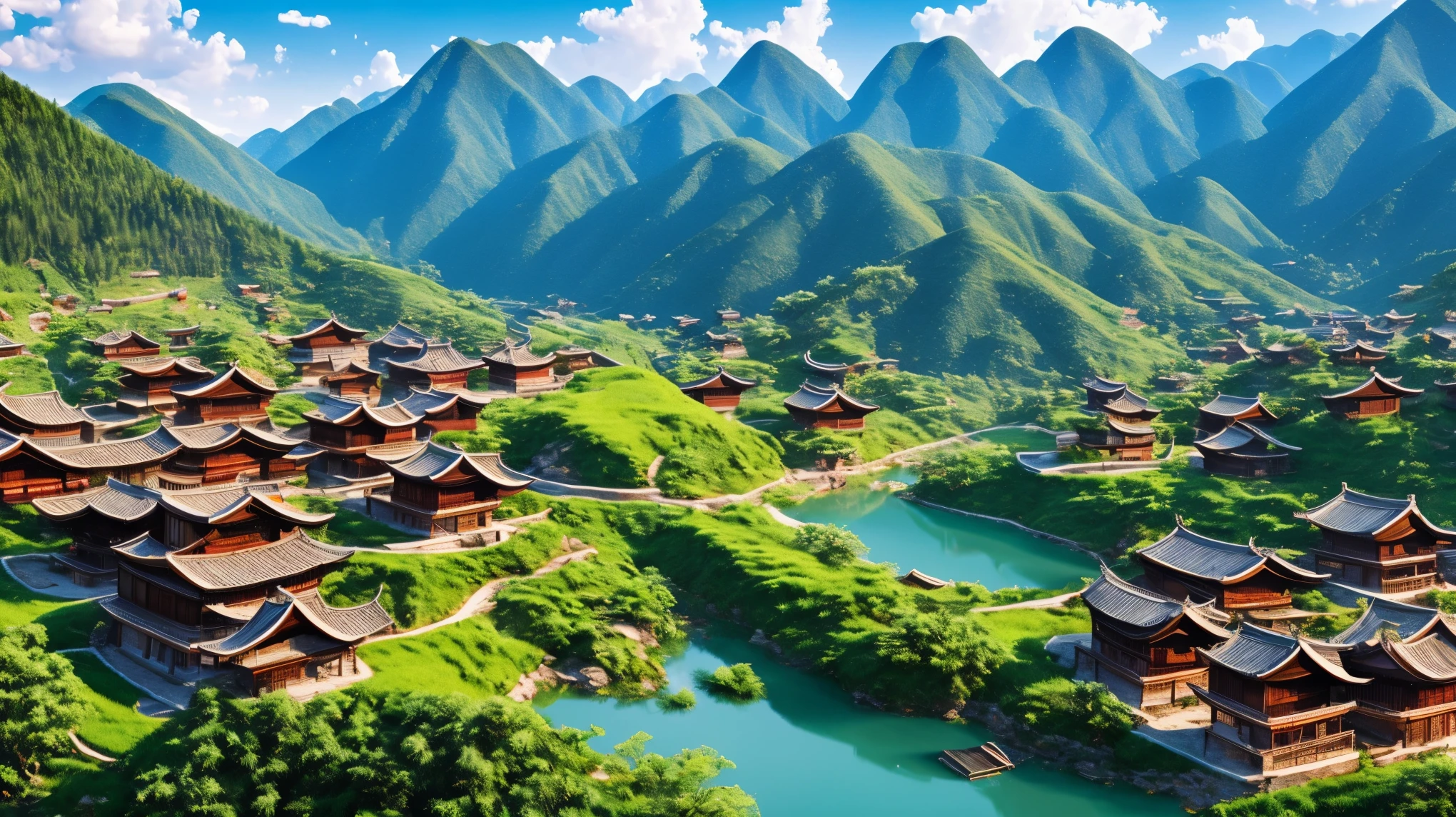A chinese village nested in the mountains background, hyper realistic, 8k, 3D rendering