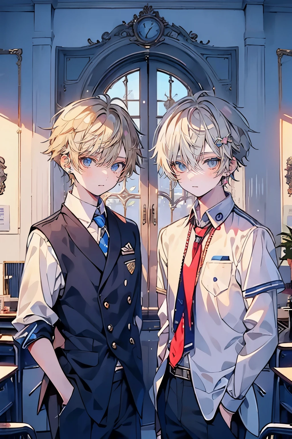 (muste piece), (best quality), very detailed, (((Two friendly high school boys:1.5))), perfect face, beautiful face, very detailed face,(silver haired man:1.3),(blonde man:1.3),School,classroom,student uniform,tie,shirt