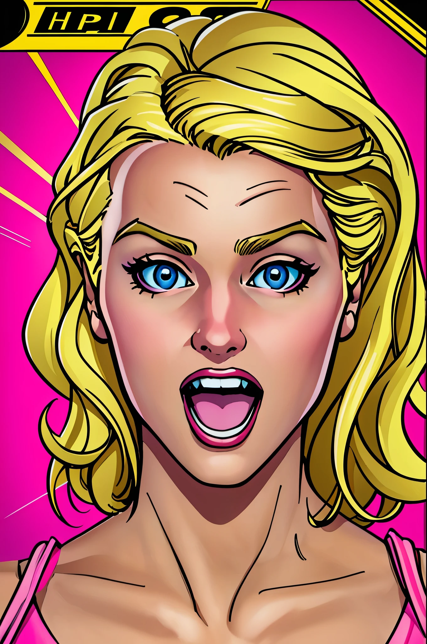 masterpiece, best quality, extremely detailed, pop art, hyperrealistic, photorealistic, a pretty woman, blond hair, happy, surprised:1.1, open mouth, pink tops, speech bubble
