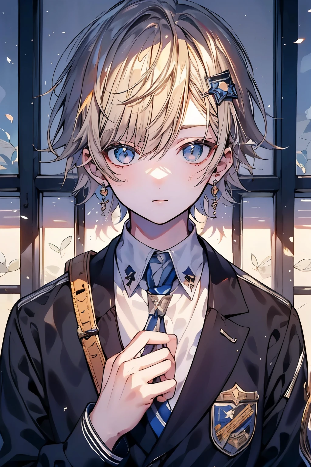 (muste piece), (best quality), very detailed, (((Two friendly high school boys:1.5))), perfect face, beautiful face, very detailed face,(silver haired man:1.3),(blonde man:1.3),School,classroom,student uniform,tie,shirt